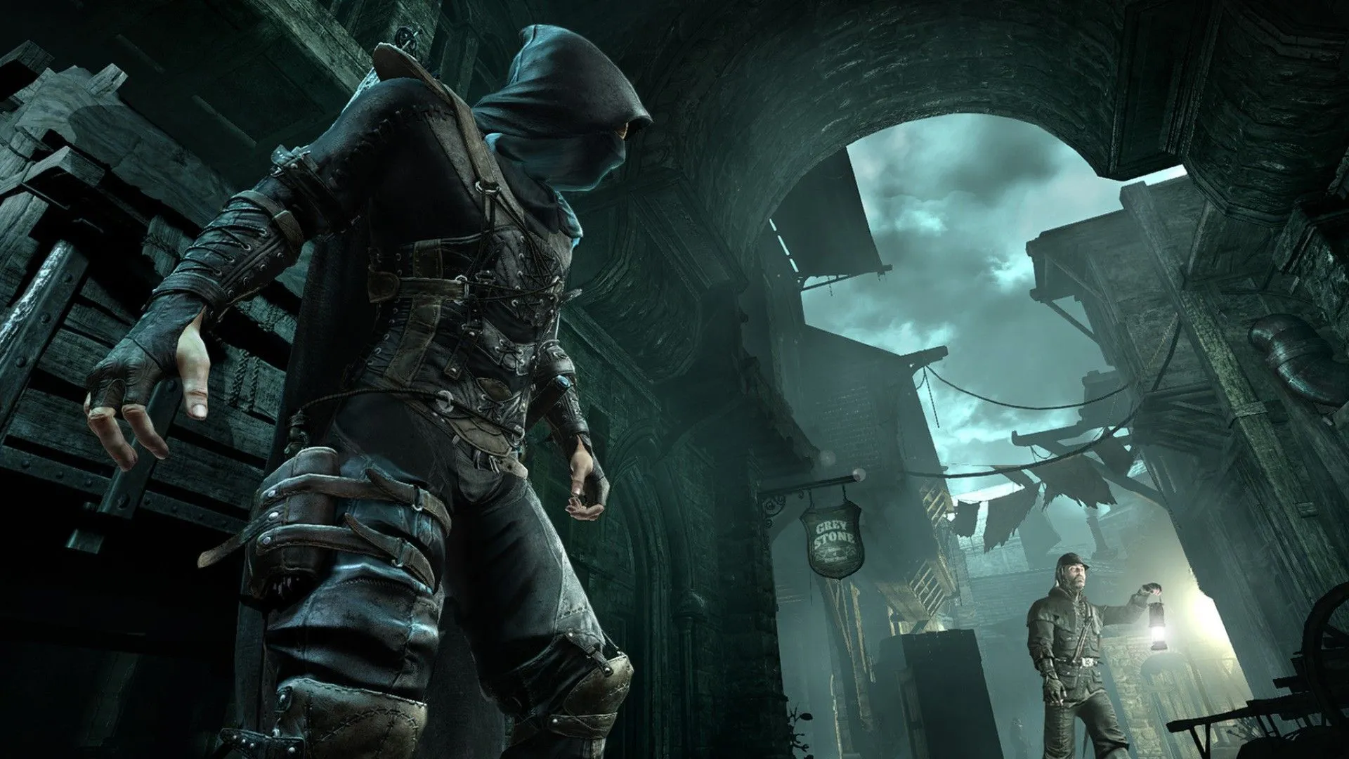 Ảnh chụp màn hình game Thief (2014) cho thấy nhân vật chính đang ẩn nấp trong bóng tối.