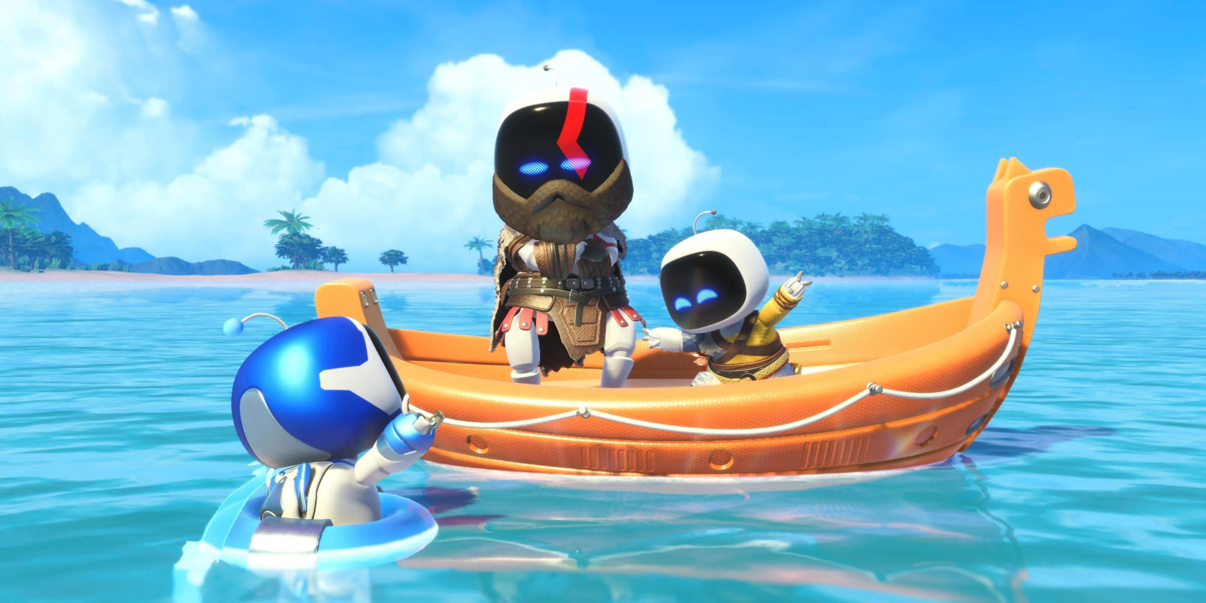 Các bot nhân vật Kratos và Atreus trong thuyền đang giúp Astro Bot.
