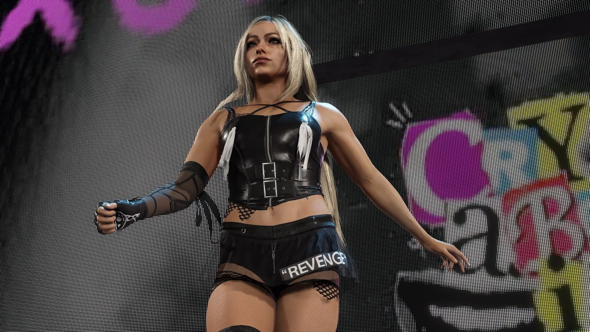 Cảnh cận mặt một siêu sao WWE trong game WWE 2K25, làm nổi bật mô hình nhân vật chi tiết.