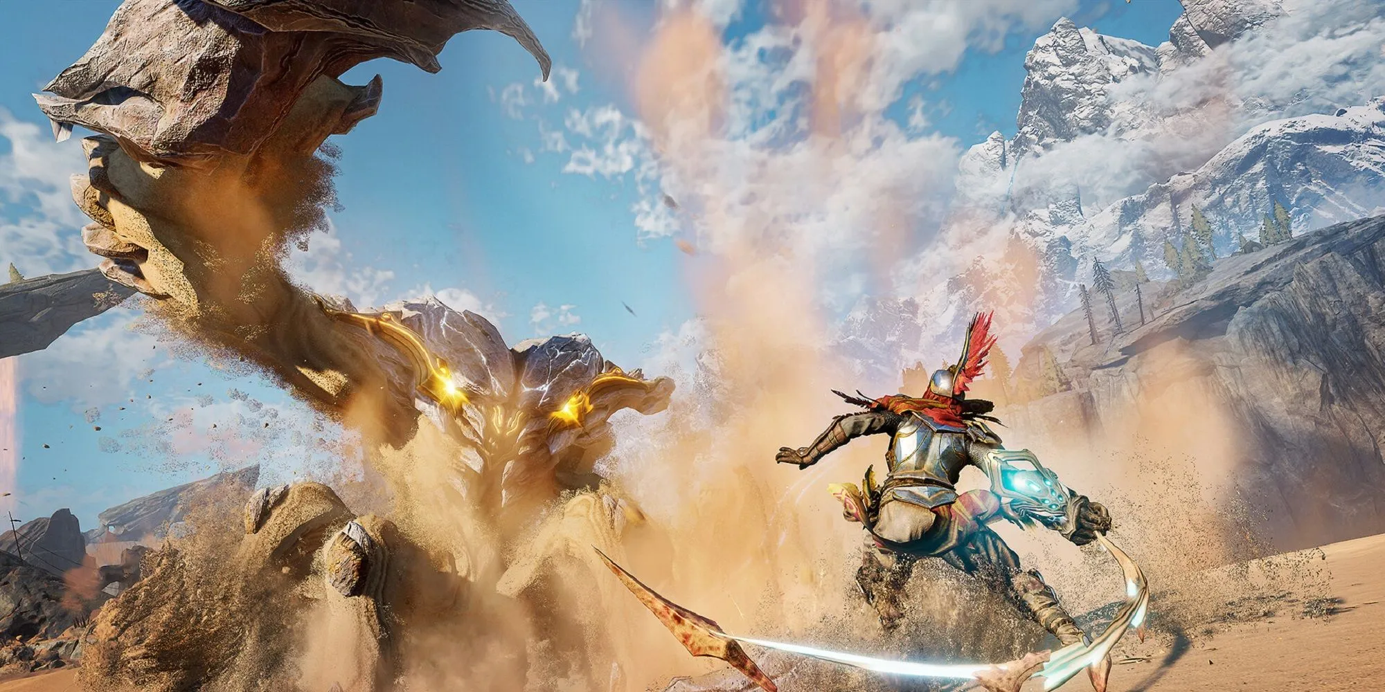 Cảnh chiến đấu trong game Atlas Fallen, một game Action RPG lấy bối cảnh sa mạc.