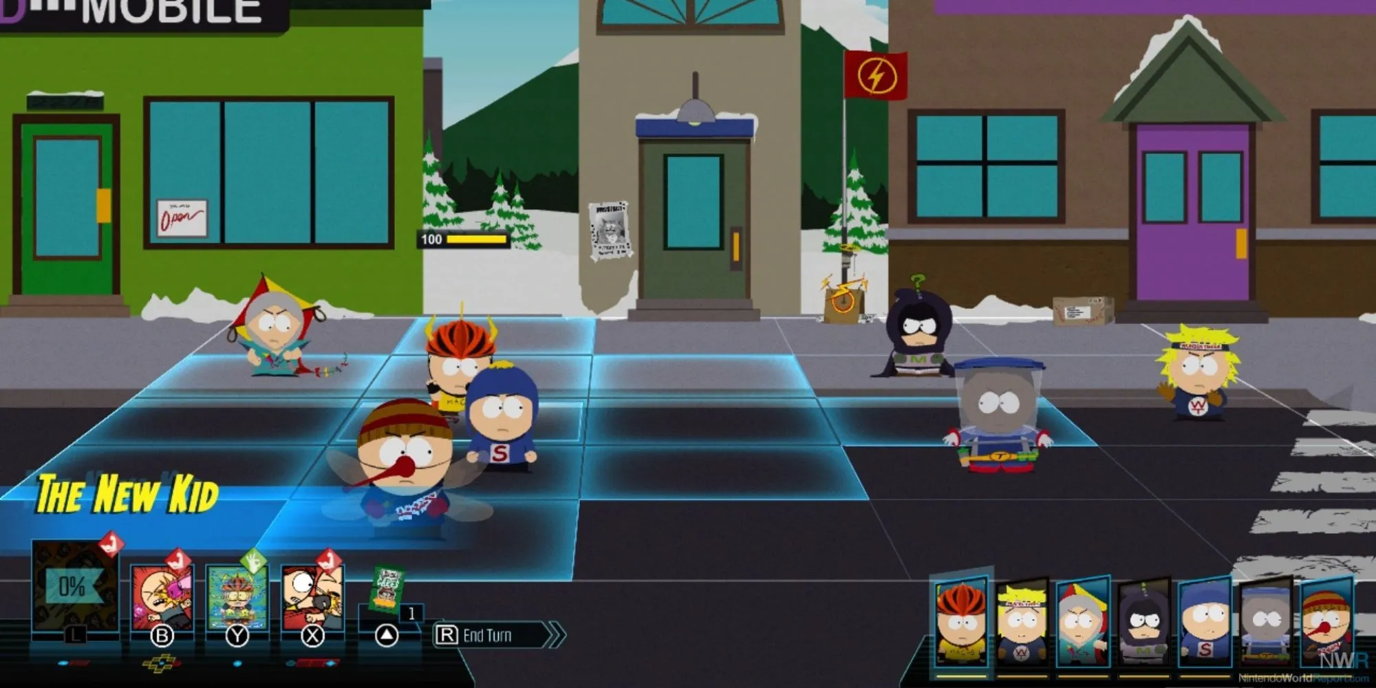 Cảnh từ game South Park: The Fractured But Whole, hiển thị các nhân vật mặc đồ siêu anh hùng trong ô chiến đấu theo lượt.