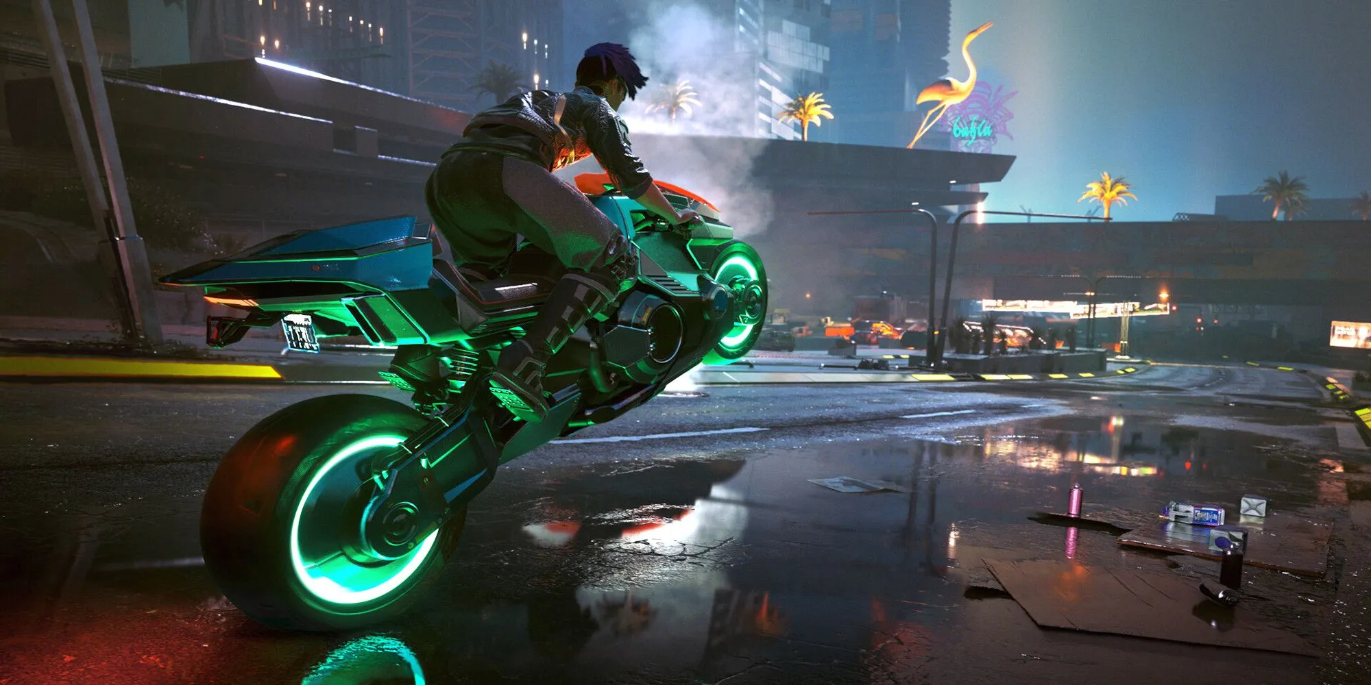 Cyberpunk 2077 V đang lái xe máy trong thành phố Night City