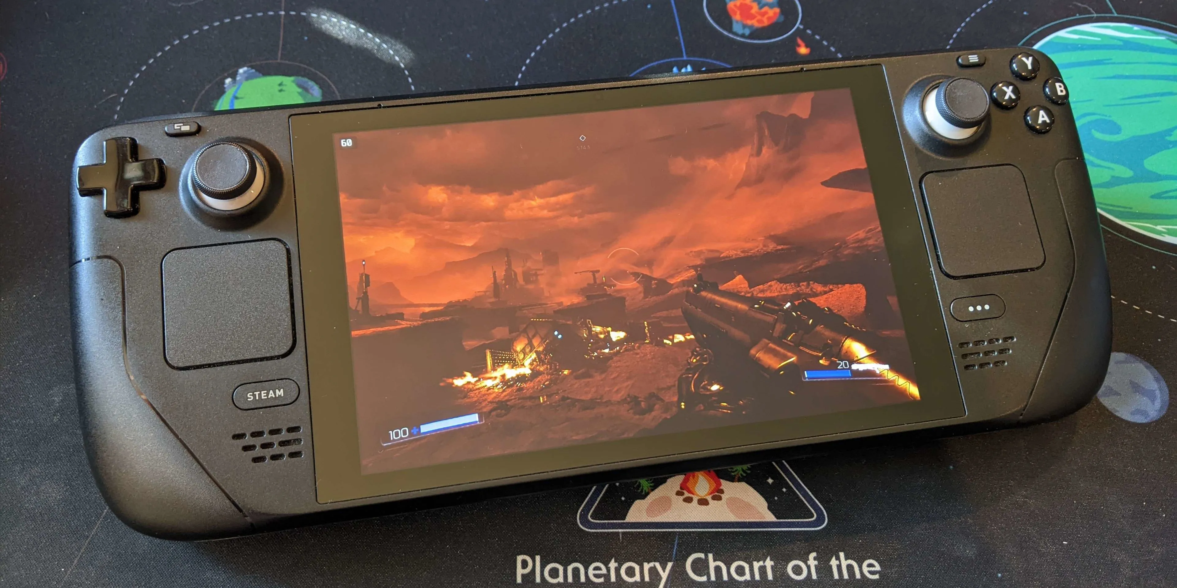 DOOM (2016) trên Steam Deck: Cảnh chiến đấu dữ dội với quỷ trong game FPS.