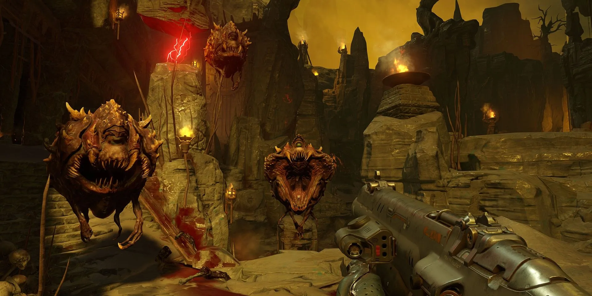 Doom Slayer đối mặt với nhiều Cacodemons trong đấu trường chiến đấu của Doom 2016