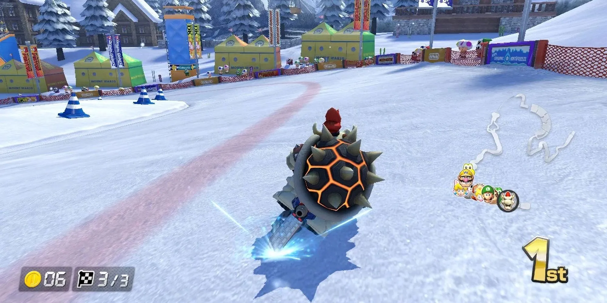 Dry Bowser đua trên núi Wario trong Mario Kart 8 Deluxe