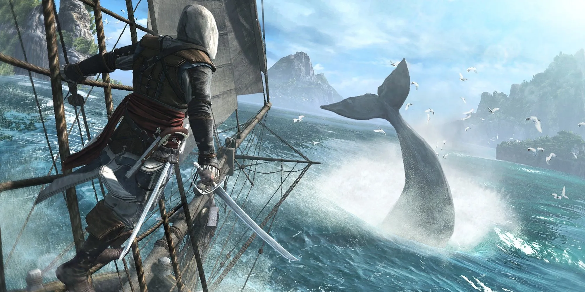 Edward Kenway, nhân vật chính, đứng trên tàu ngắm nhìn cá voi, thể hiện sự rộng lớn và sống động của biển Caribbean trong Assassin's Creed 4: Black Flag.
