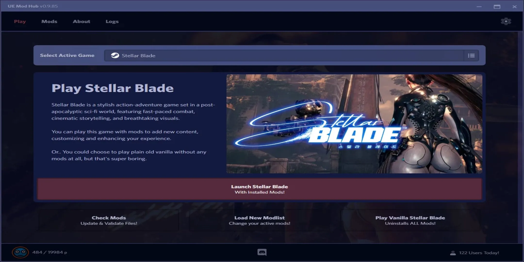 Giao diện cửa sổ Mod Hub Manager cho Stellar Blade trên PC