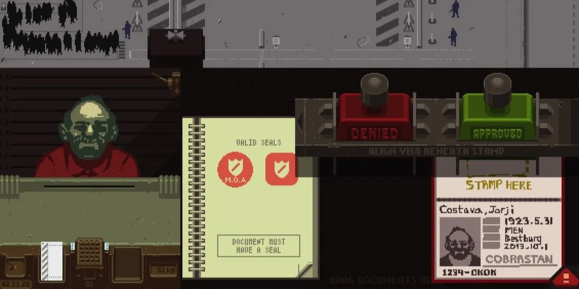 Giao diện làm việc kiểm tra hộ chiếu trong game mô phỏng Papers, Please
