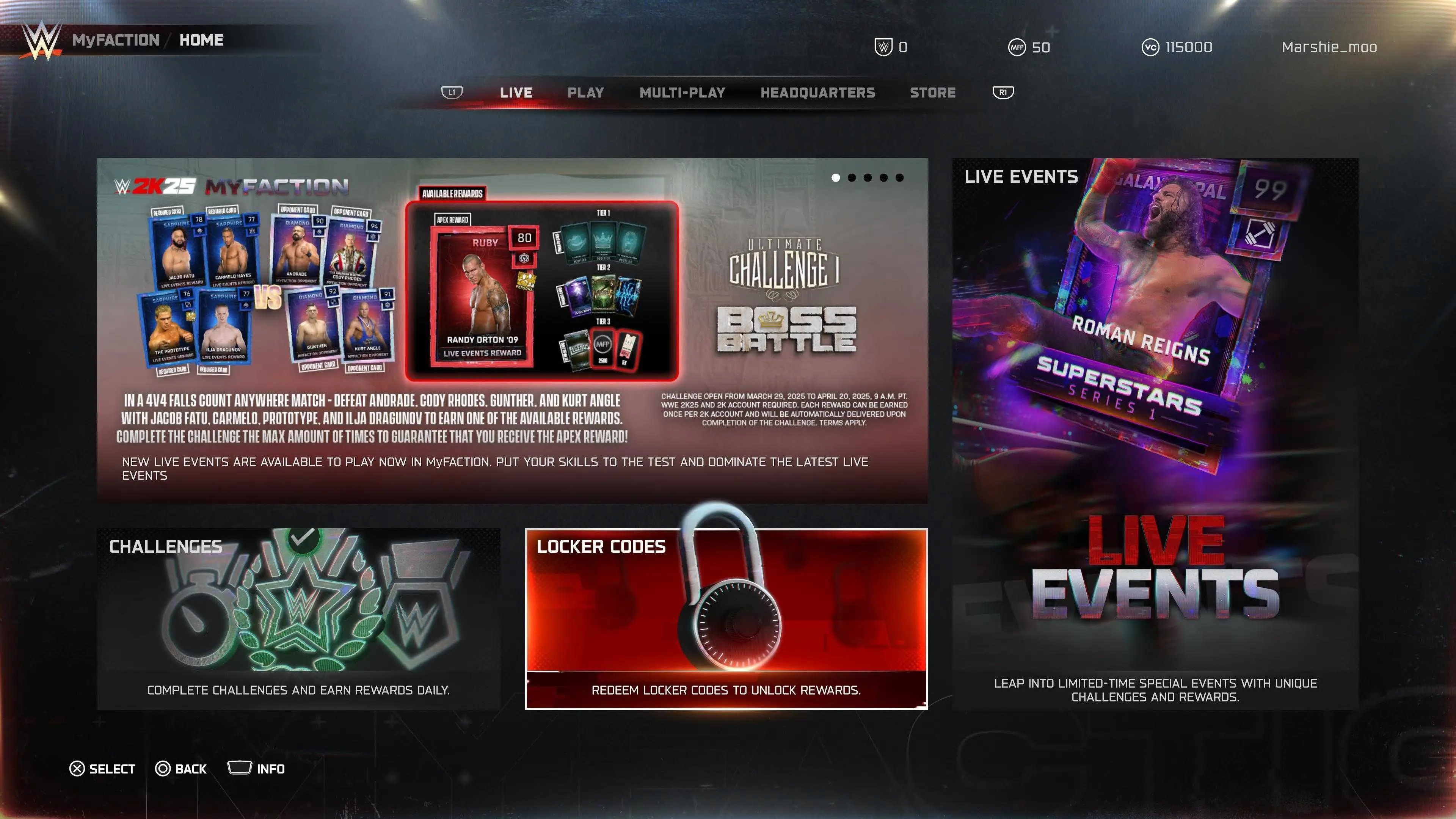 Giao diện mục nhập Locker Codes trong chế độ MyFaction của game WWE 2K25, nơi người chơi điền mã code để nhận quà.