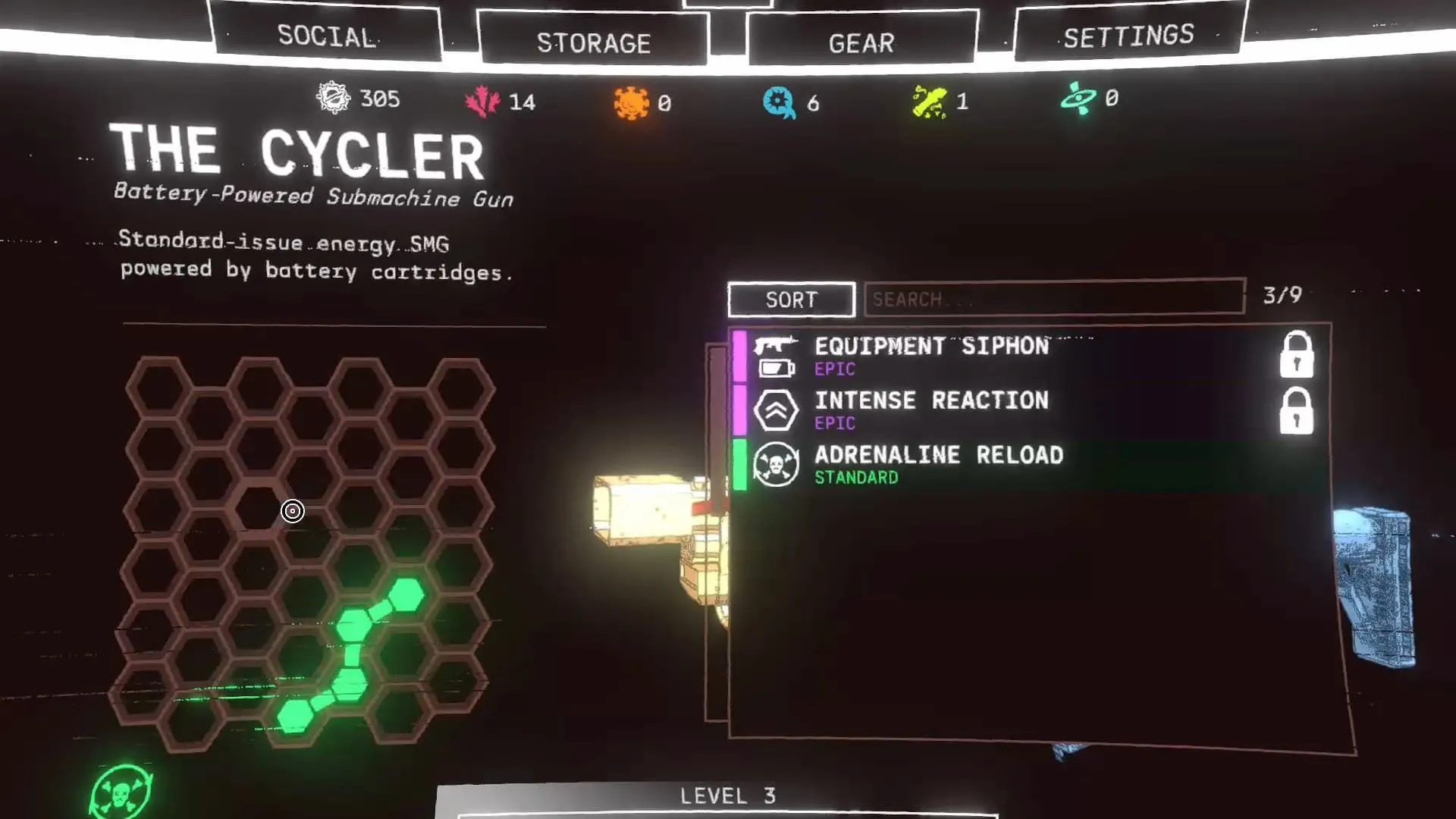 Giao diện nâng cấp vũ khí dạng lưới trong game Mycopunk