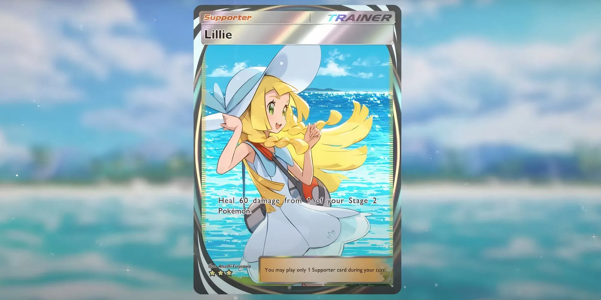 Hình ảnh thẻ bài Supporter Lillie, thẻ hỗ trợ nhập vai đầu tiên xuất hiện trong Pokemon TCG Pocket set Celestial Guardians