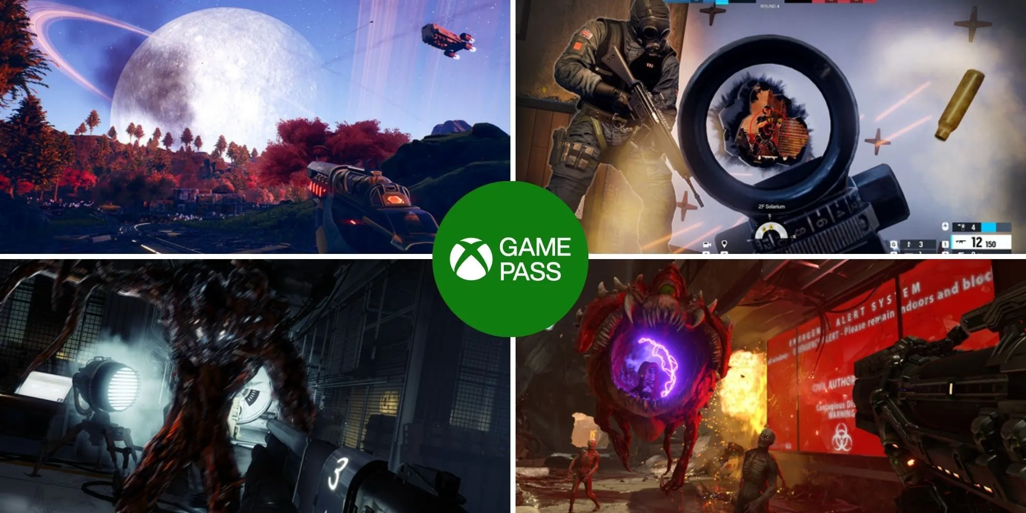 Hình ảnh tổng hợp các game bắn súng hay nhất trên Game Pass, bao gồm Doom Eternal, Prey, Rainbow Six Siege