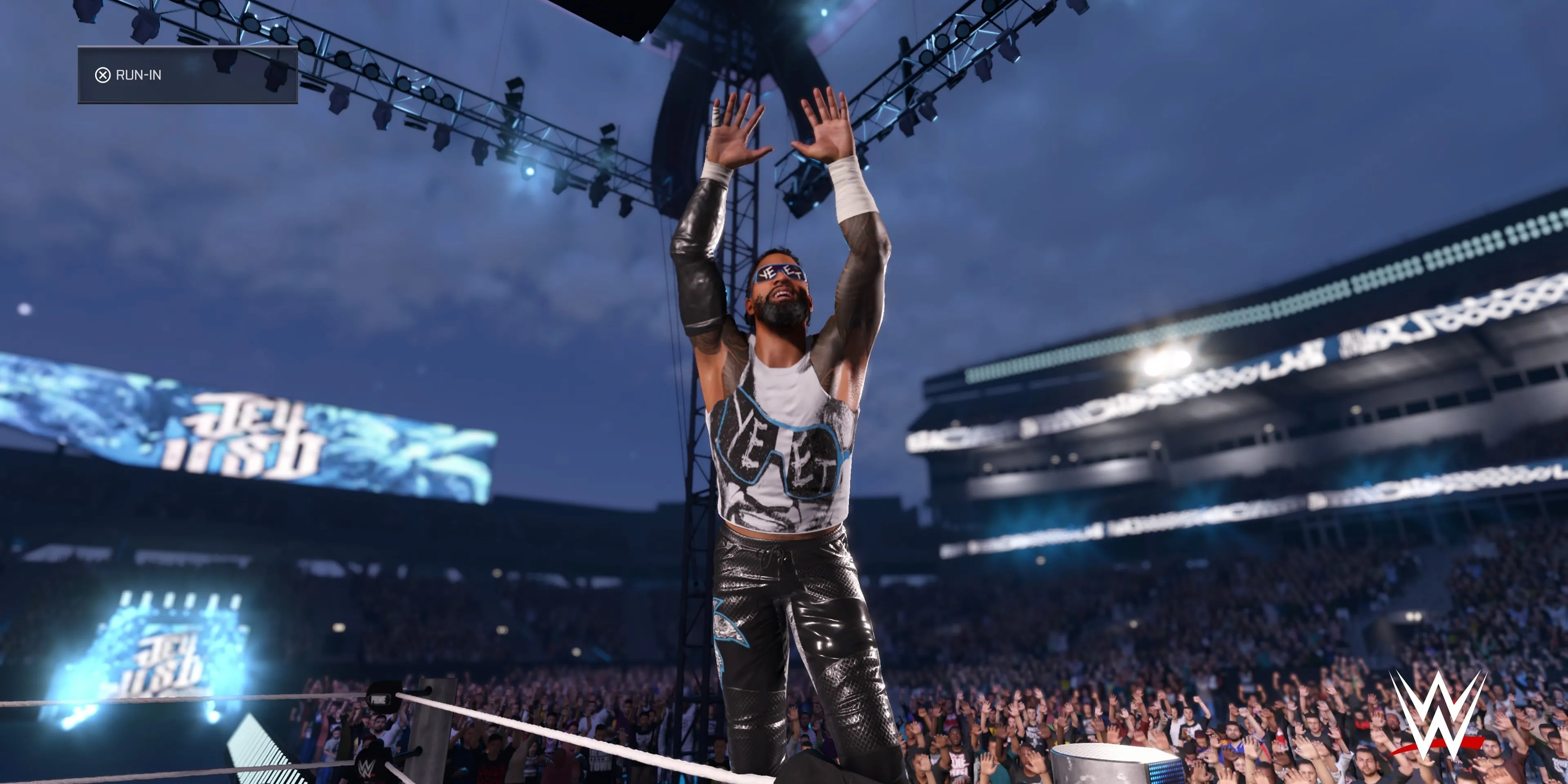 Hình ảnh võ sĩ Jey Uso trong trận đấu mô phỏng trong game WWE 2K25, thể hiện đồ họa của trò chơi.