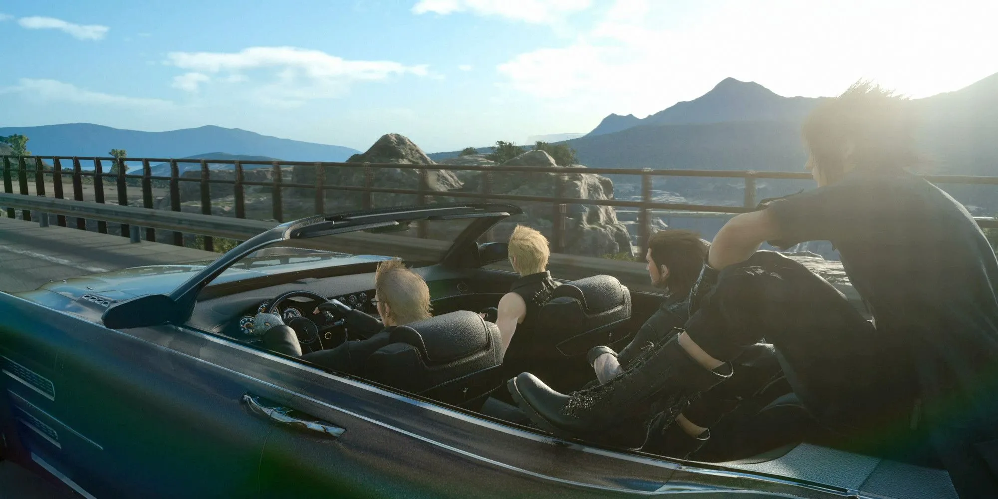 Ignis, Gladiolus, Noctis và Prompto ngồi trong chiếc Regalia trong Final Fantasy XV