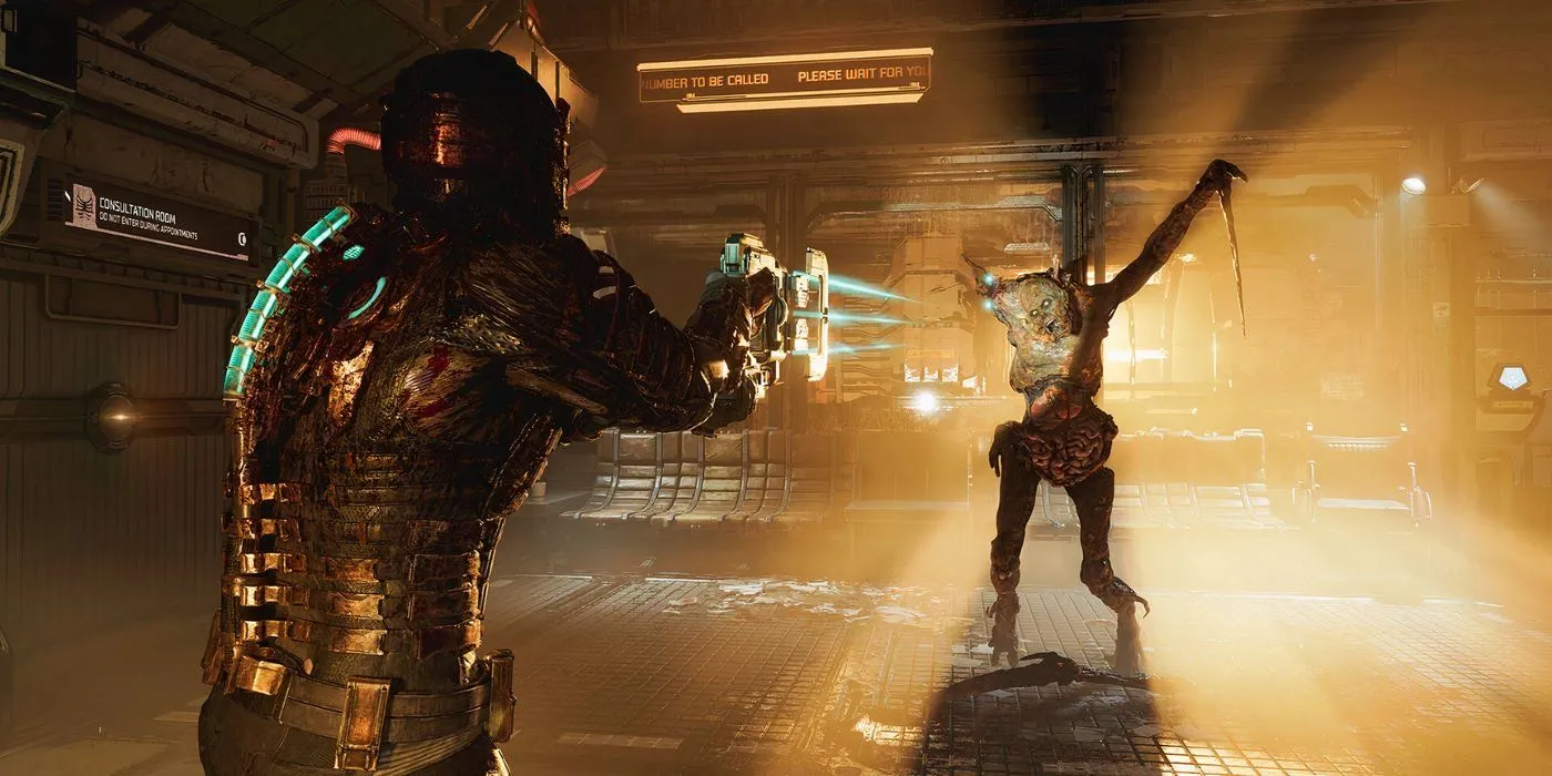 Isaac Clarke ngắm súng plasma vào một necromorph trong Dead Space Remake