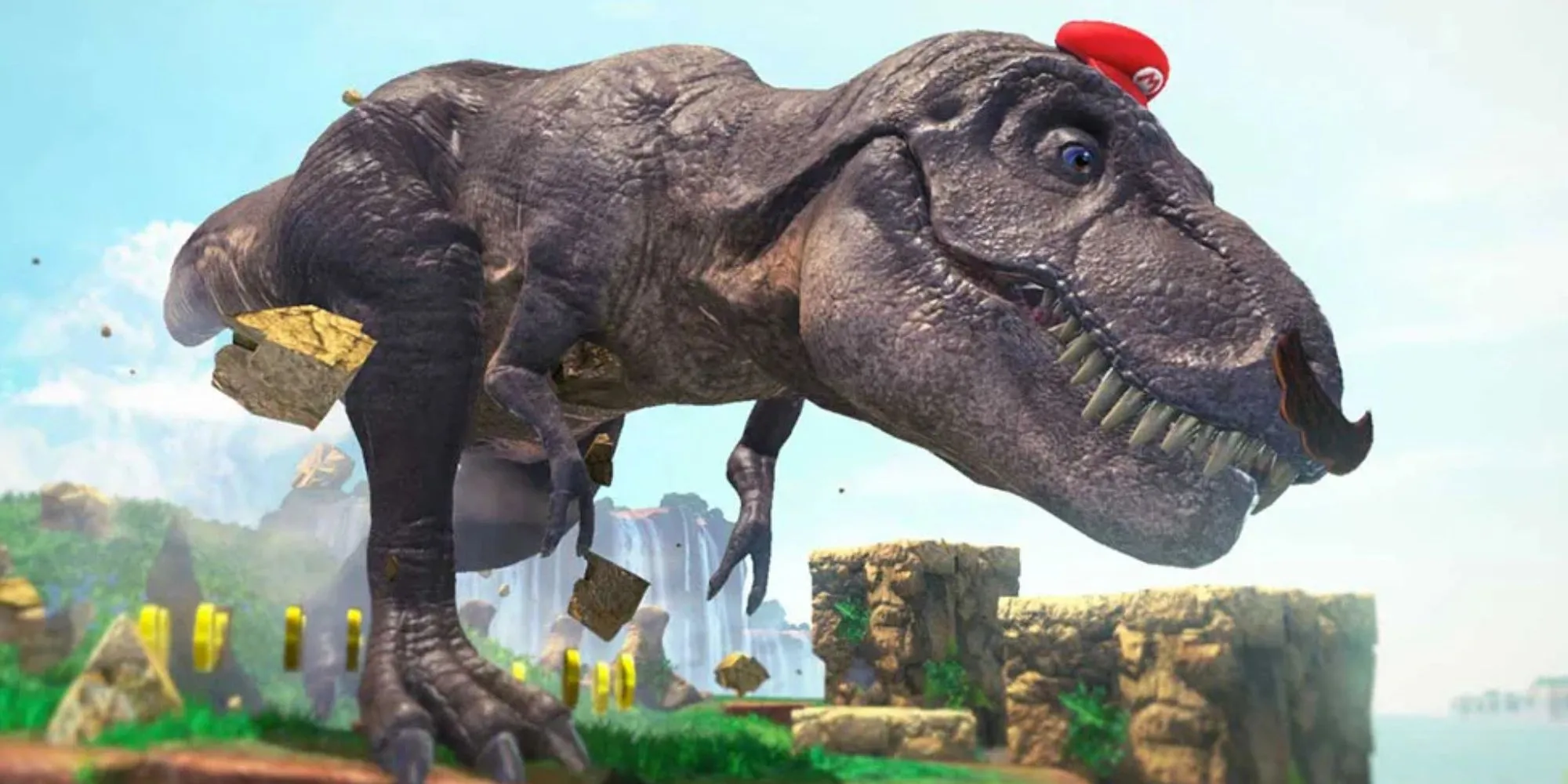 Mario cưỡi khủng long T-Rex đội mũ Cappy trong game Super Mario Odyssey
