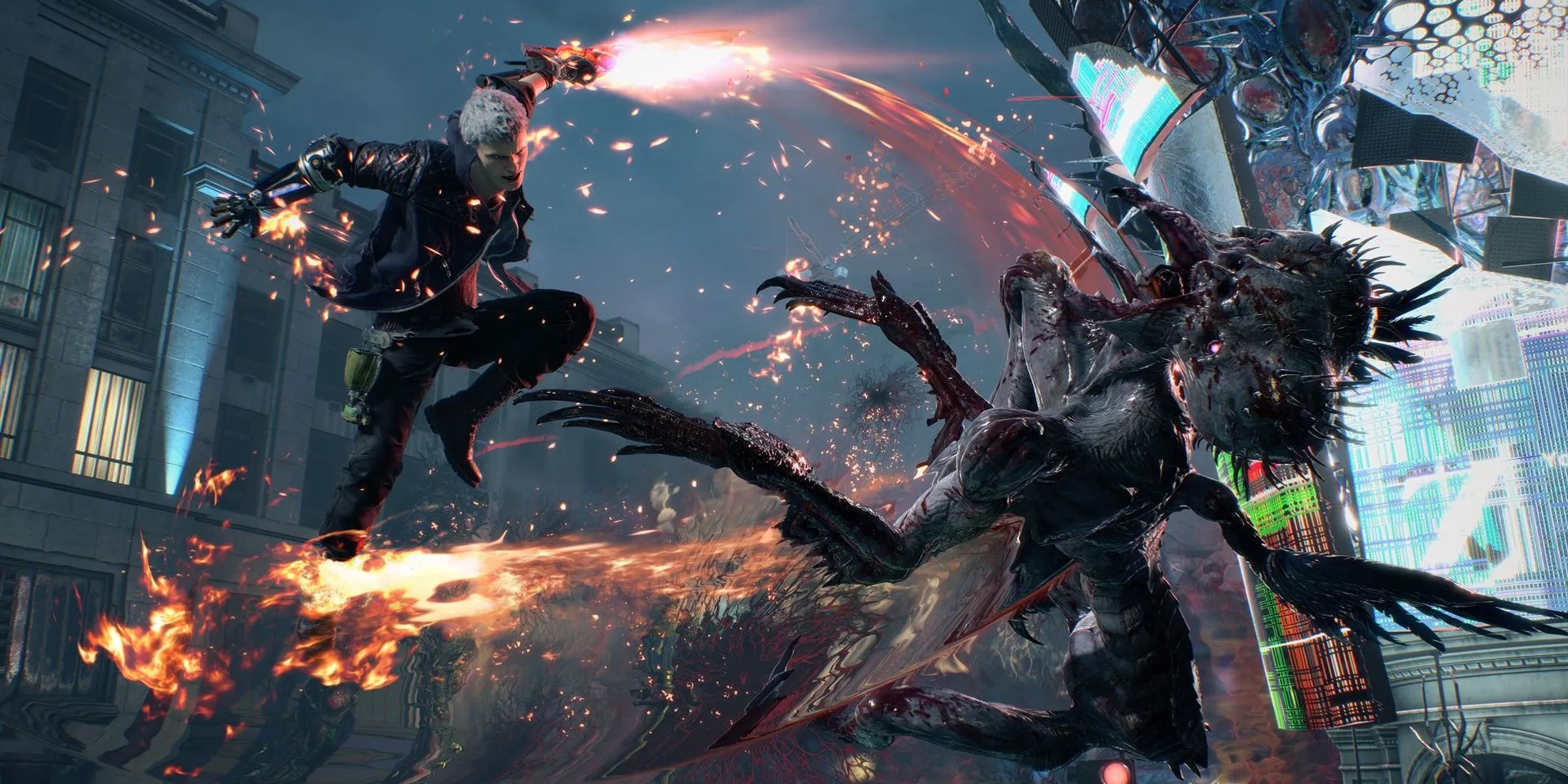 Nero chém một Empusa bằng tay quỷ Devil Breaker trong một phân đoạn hành động của Devil May Cry 5