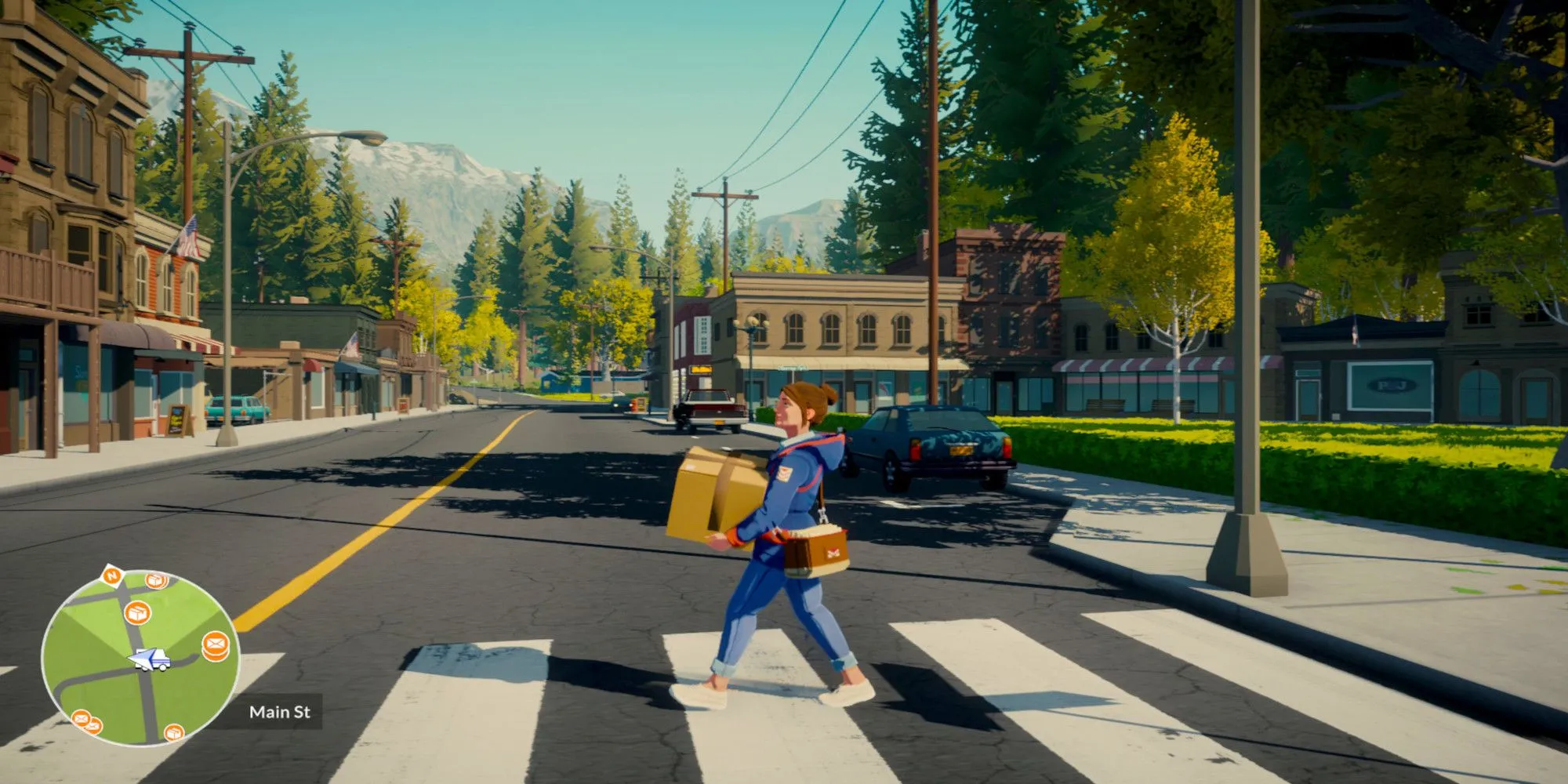 Nhân vật chính của game Lake đang đi bộ qua vạch sang đường với các gói bưu kiện trên tay.