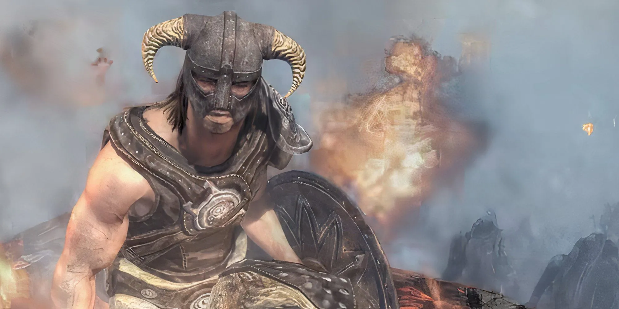 Nhân vật chính của The Elder Scrolls V Skyrim bên lửa trại ngoài trời.