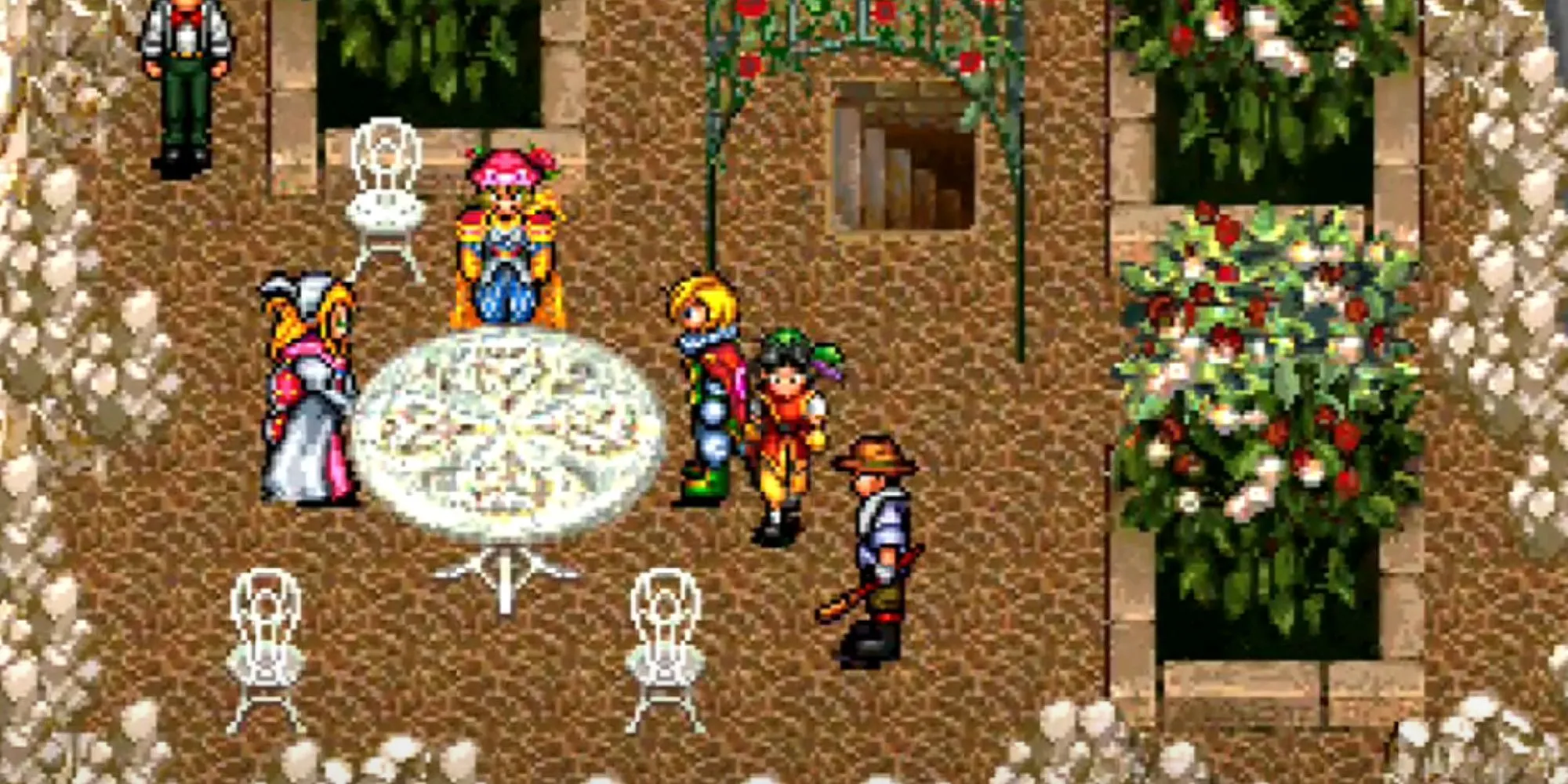 Nhân vật Suikoden đứng quanh bàn