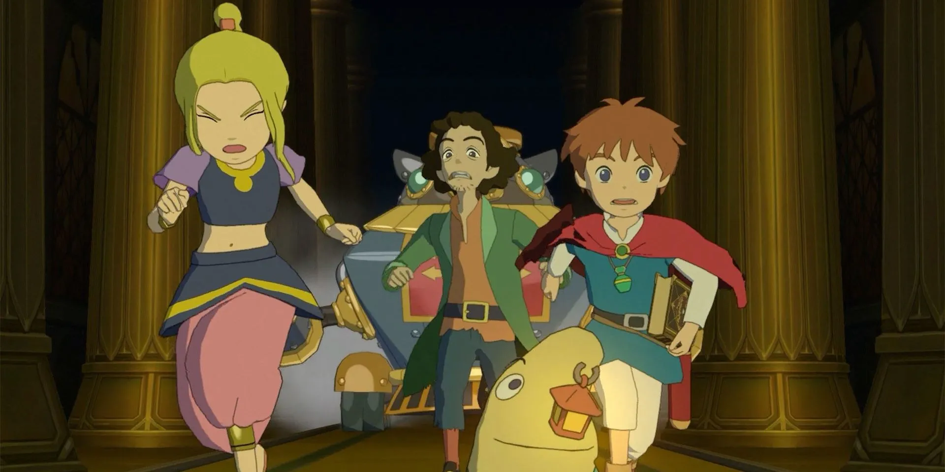 Oliver và đồng đội chạy trốn khỏi một robot trong Ni no Kuni: Wrath of the White Witch