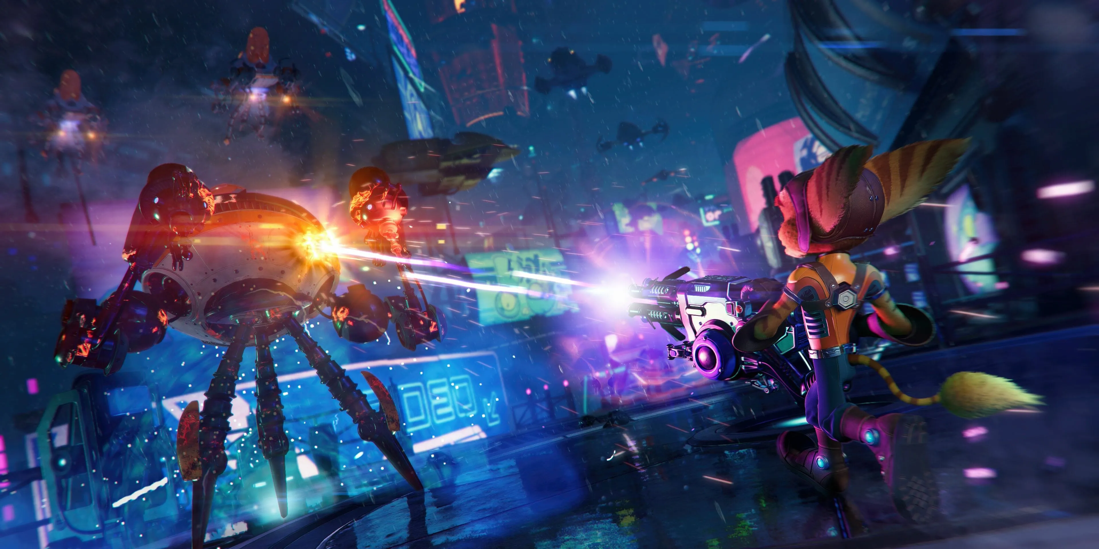 Ratchet bắn một con robot bằng khẩu súng đặc trưng trong Ratchet &amp; Clank: Rift Apart