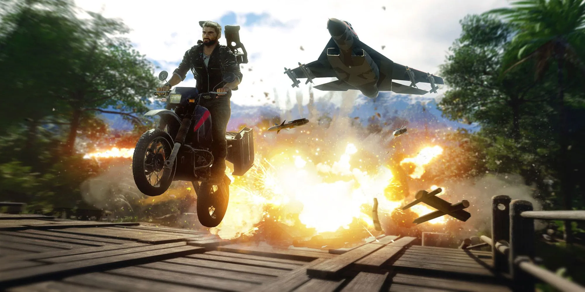 Rico Rodriguez lái xe máy nhảy ra từ máy bay và có vụ nổ phía sau trong Just Cause 4
