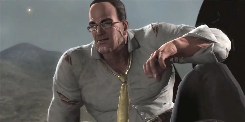 Senator Armstrong ngồi trên ghế trong Metal Gear Rising Revengeance