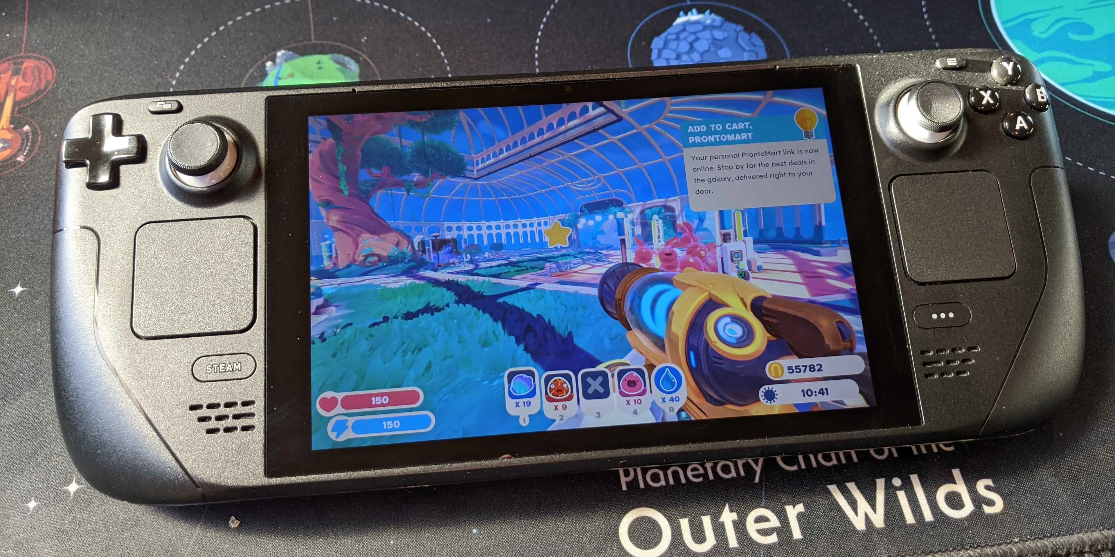 Slime Rancher 2 trên Steam Deck: Cảnh người chơi trong thế giới đầy slime.