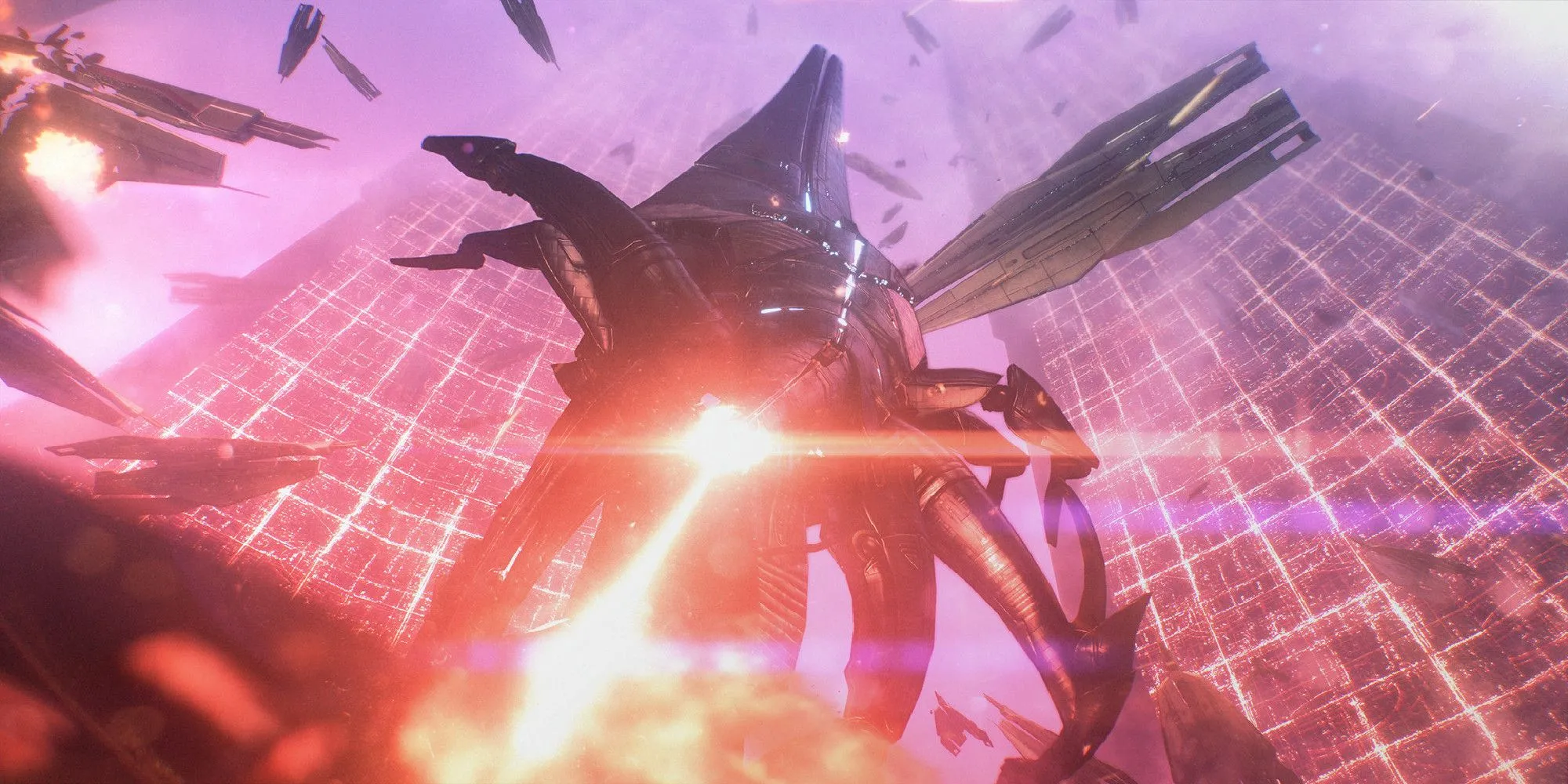 Tàu Reaper khổng lồ tấn công một thành phố trong cảnh chiến đấu từ Mass Effect Legendary Edition