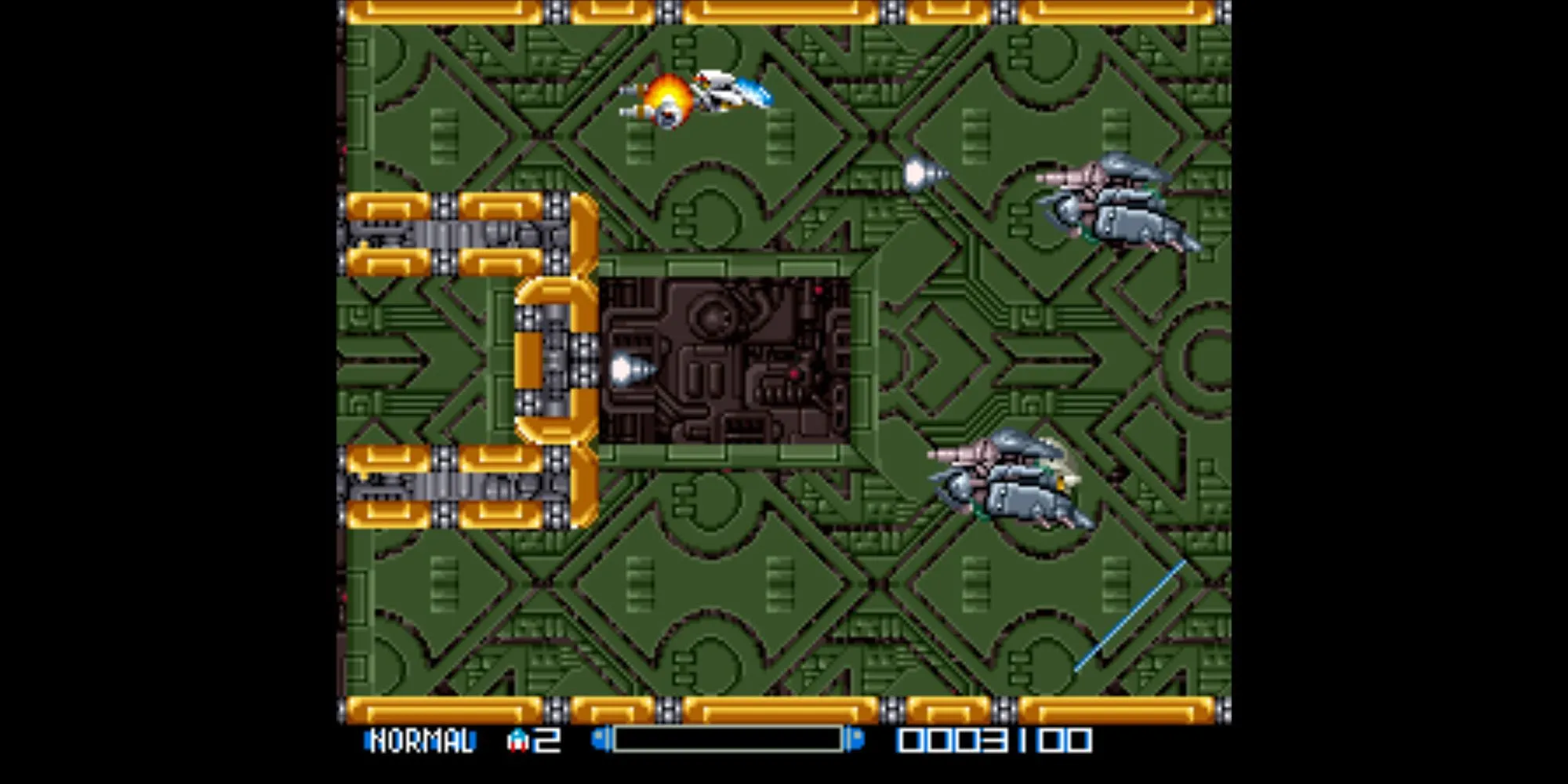 Tàu vũ trụ người chơi né tránh đạn trong Super R-Type trên SNES