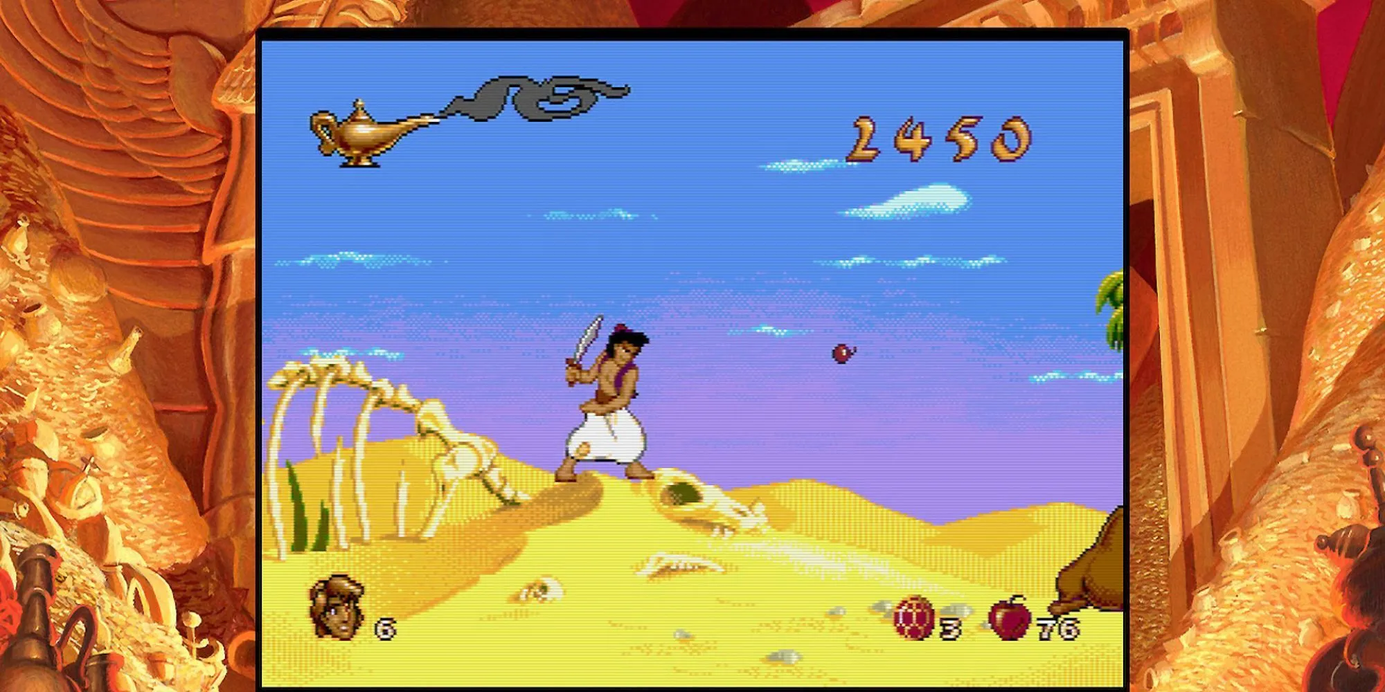 Aladdin bay trên thảm thần thoát khỏi Động Vàng trong Disney's Aladdin phiên bản Sega Genesis.