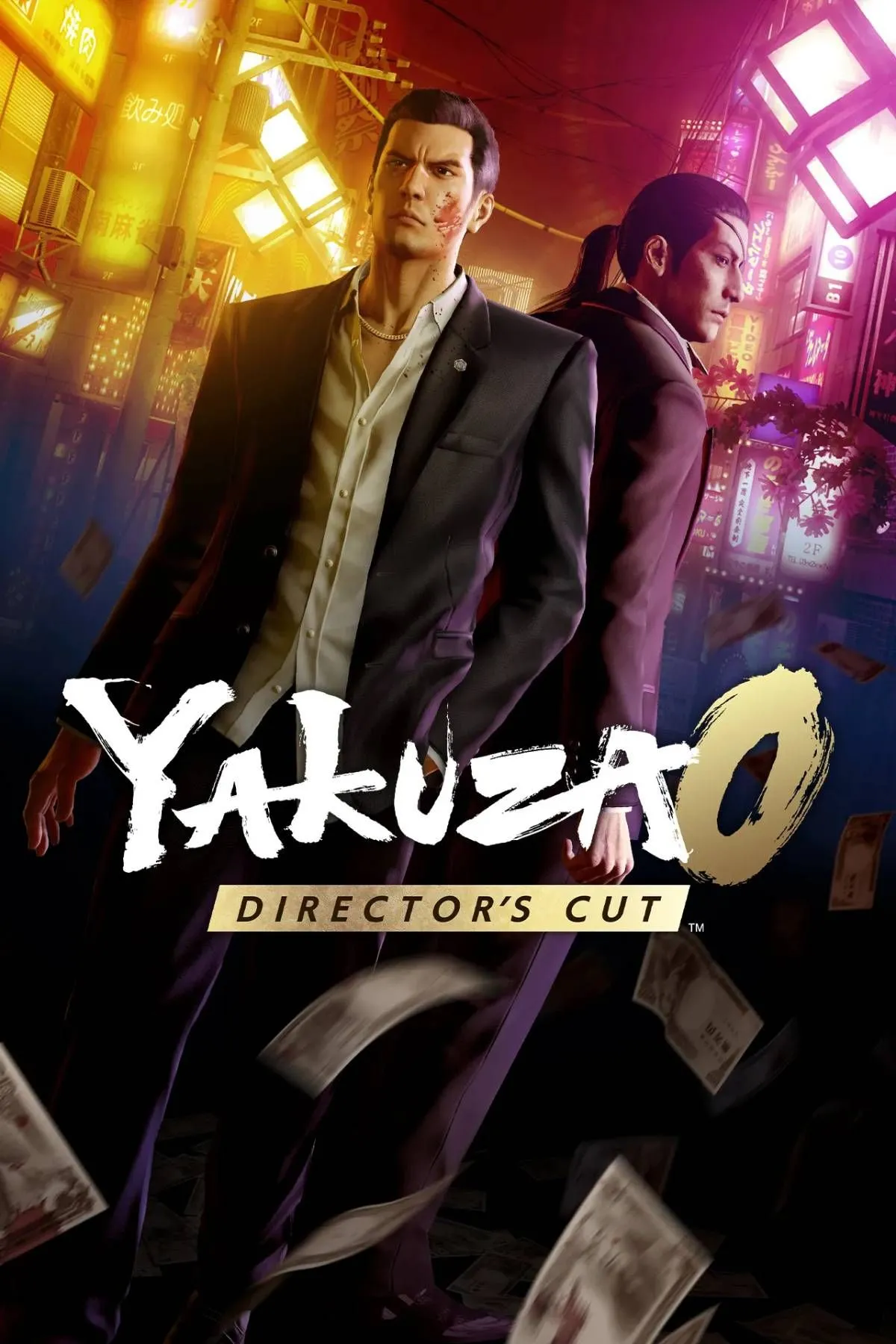 Ảnh bìa chính thức của Yakuza 0 Director's Cut, thể hiện Kiryu và Majima trong bối cảnh thành phố Kamurocho rực rỡ.