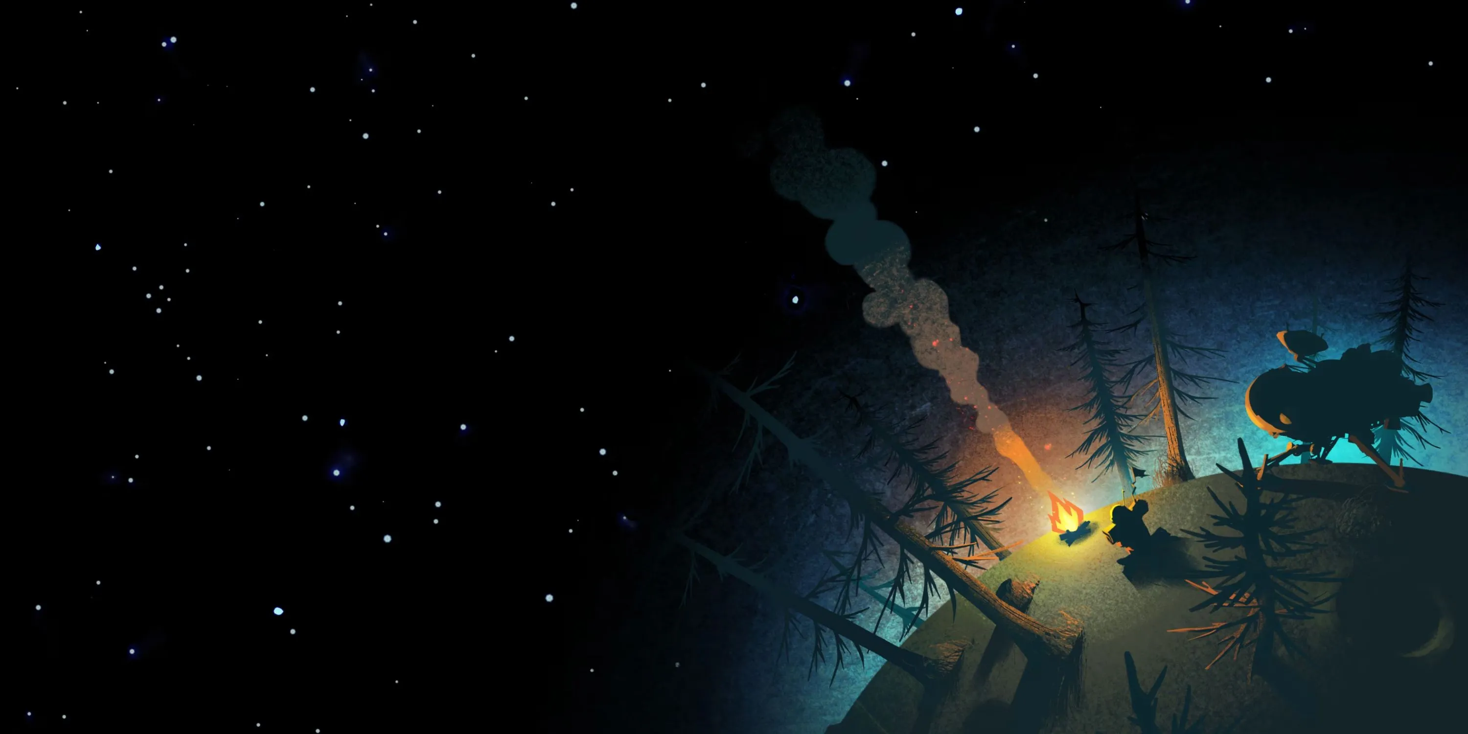 Ảnh bìa Outer Wilds với hình ảnh một hành tinh và đống lửa trại