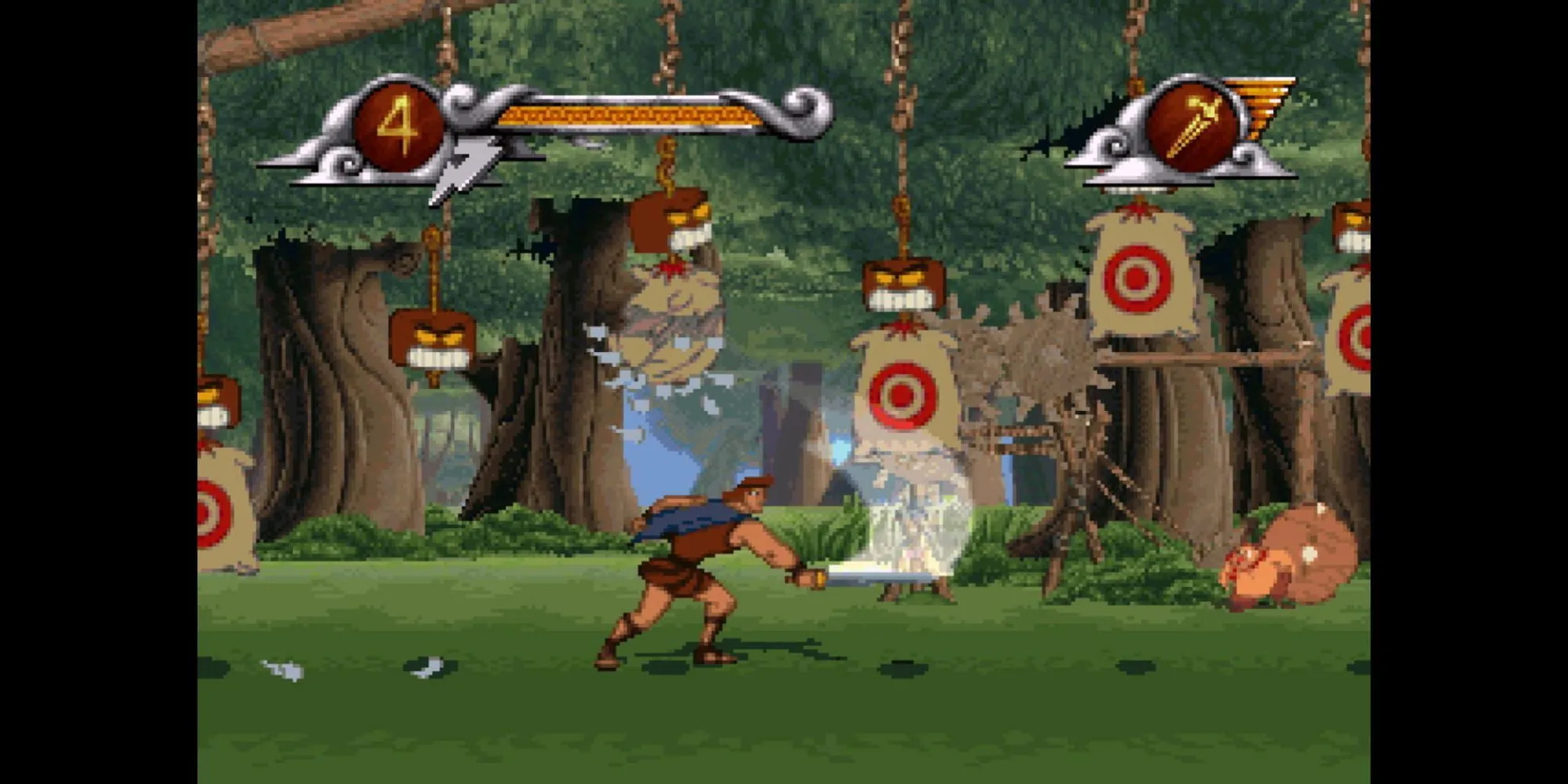 Anh hùng Hercules với thanh kiếm trong một cảnh chiến đấu đầy kịch tính của game Hercules trên PS1.