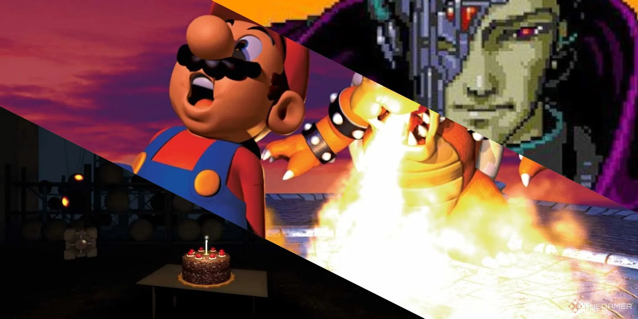 Ảnh minh họa các câu nói kinh điển trong game từ Portal, Super Mario 64 và Zero Wing.