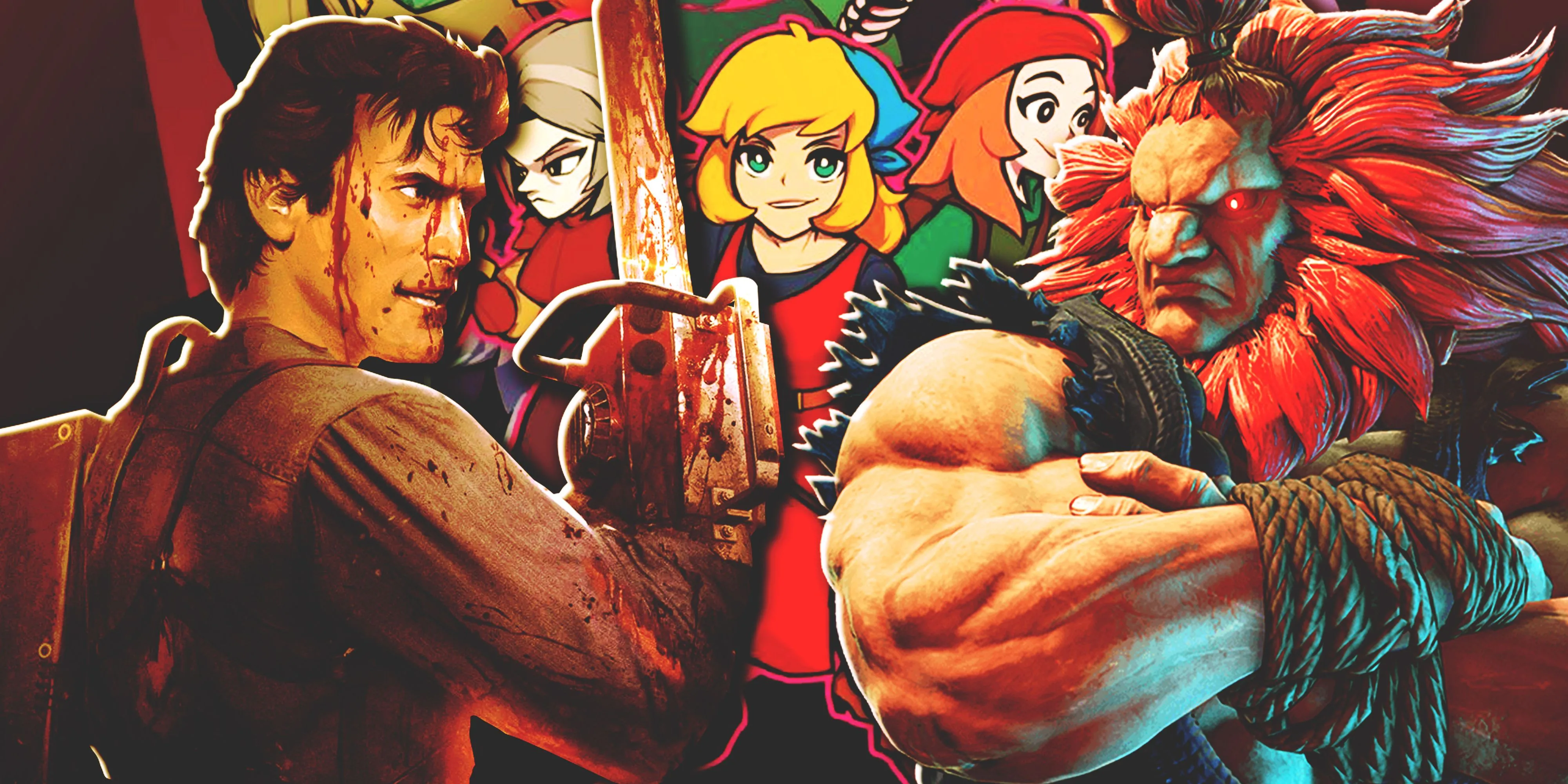 Ash Williams và Akuma, đại diện cho những thử thách khó nhằn trong game, cùng hình ảnh poster Crypt of The NecroDancer phía sau