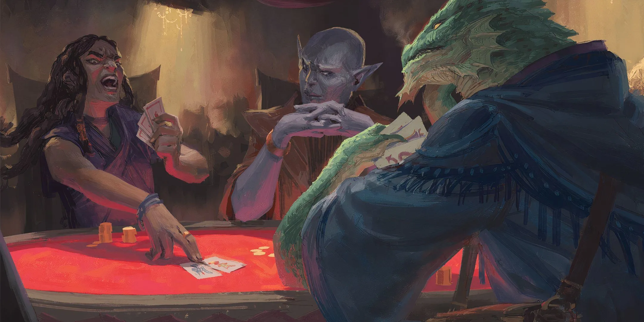 Ba người chơi đang tham gia trò chơi bài trong Dungeons &amp; Dragons, hình ảnh thoải mái thể hiện khía cạnh nhập vai và tương tác xã hội