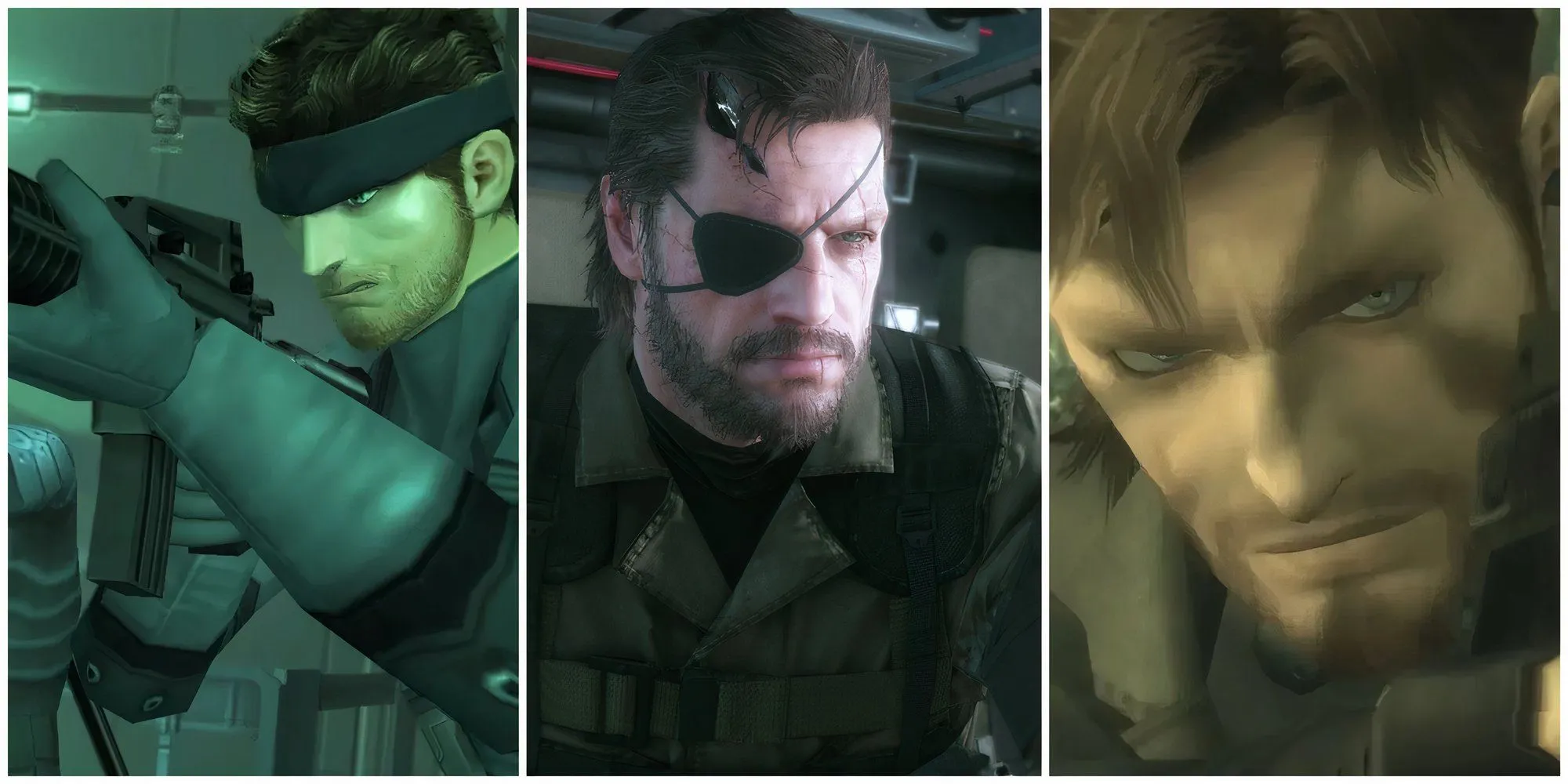 Ba phiên bản Snake biểu tượng: Solid Snake, Venom Snake và Naked Snake, đại diện cho huyền thoại Metal Gear Solid.