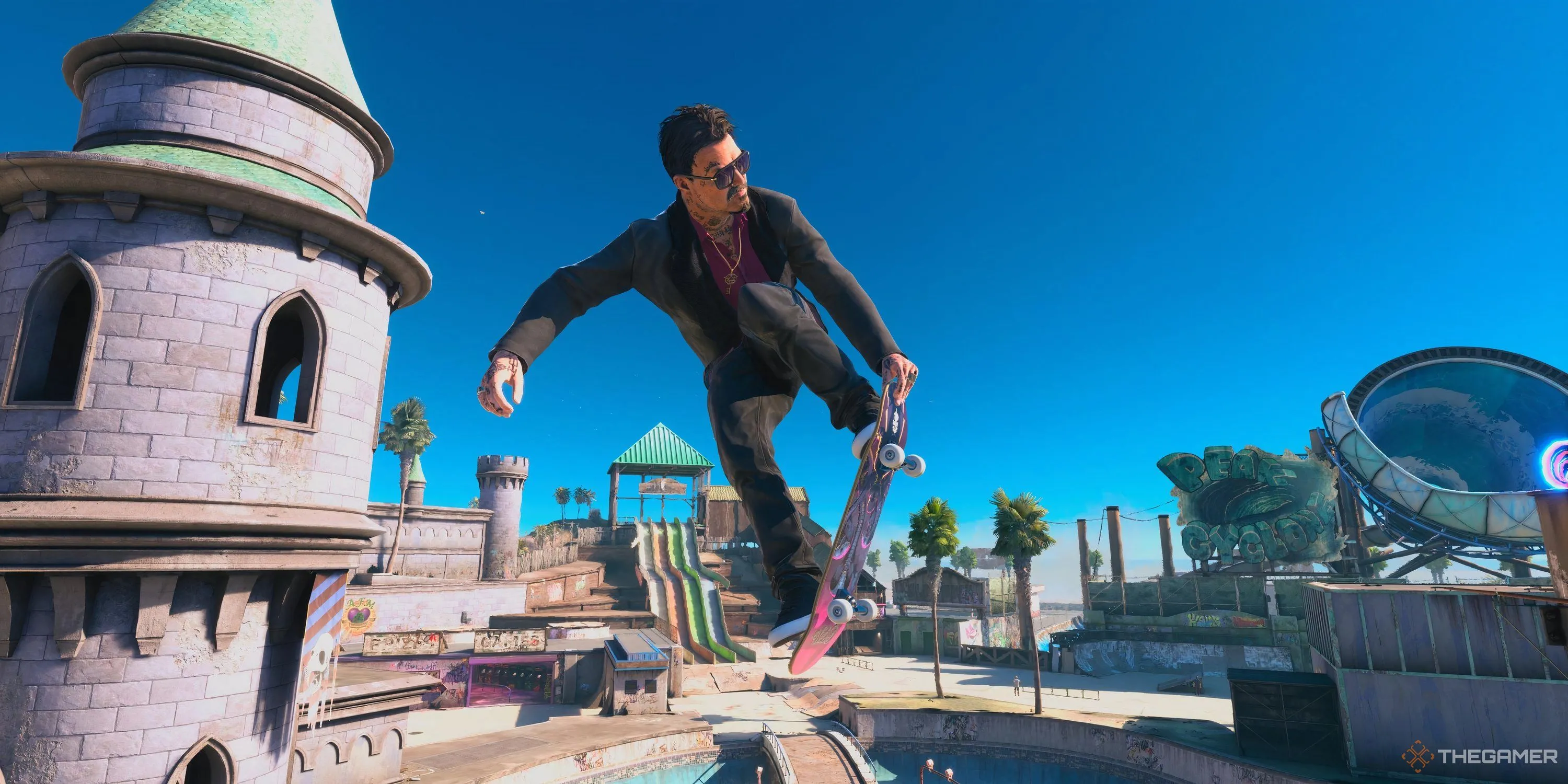 Bam Margera đang thực hiện động tác nosegrab điêu luyện tại màn chơi Waterpark trong Tony Hawk.