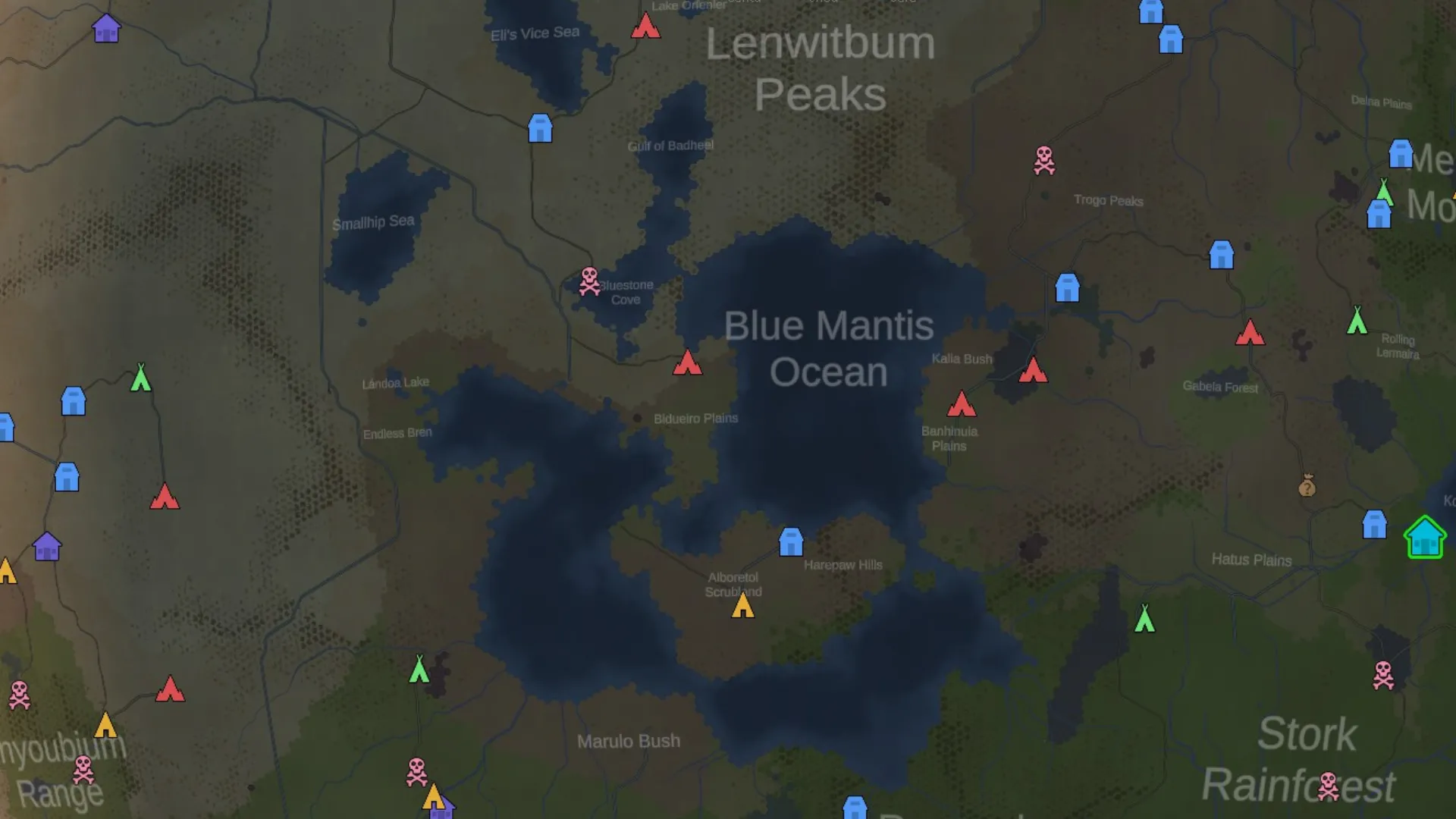 Bản đồ thế giới RimWorld hiển thị các vùng nước tiềm năng và khu vực có thể thiết lập điểm câu cá, quan trọng cho việc sinh tồn lâu dài.