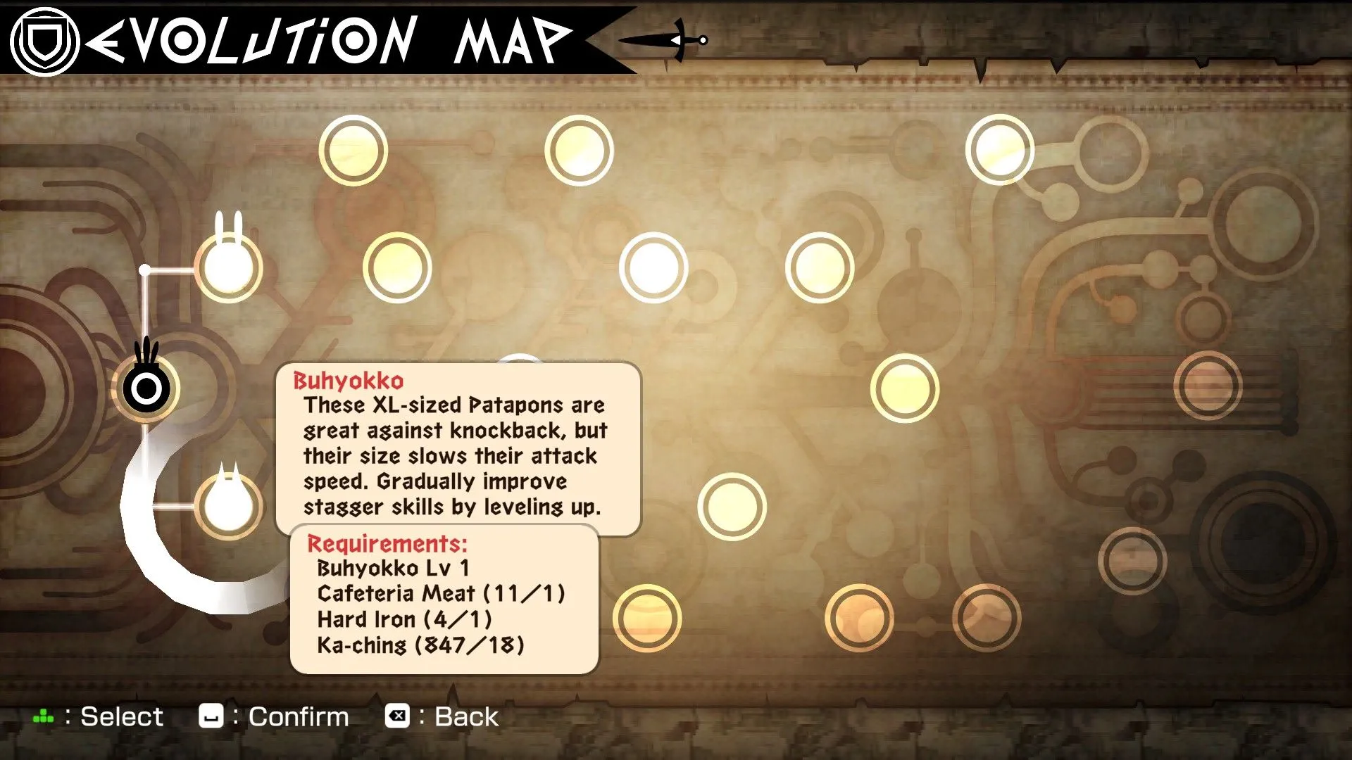 Bản đồ tiến hóa (Evolution Map) trong Patapon 2 Replay, cho phép tạo và tùy chỉnh Rarepons