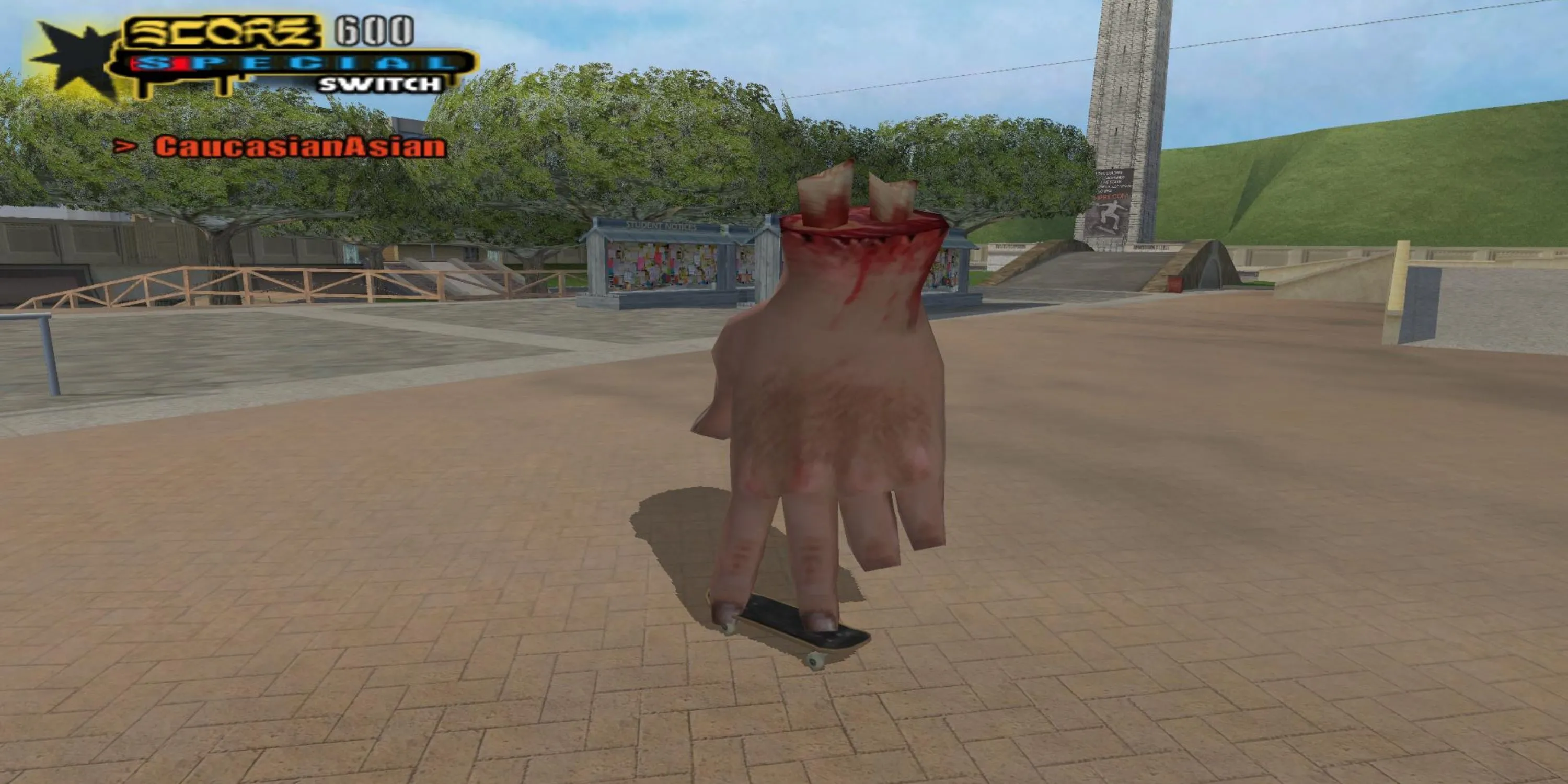 Bàn tay bí ẩn The Hand đang biểu diễn trượt ván trong Tony Hawk's Underground 2.