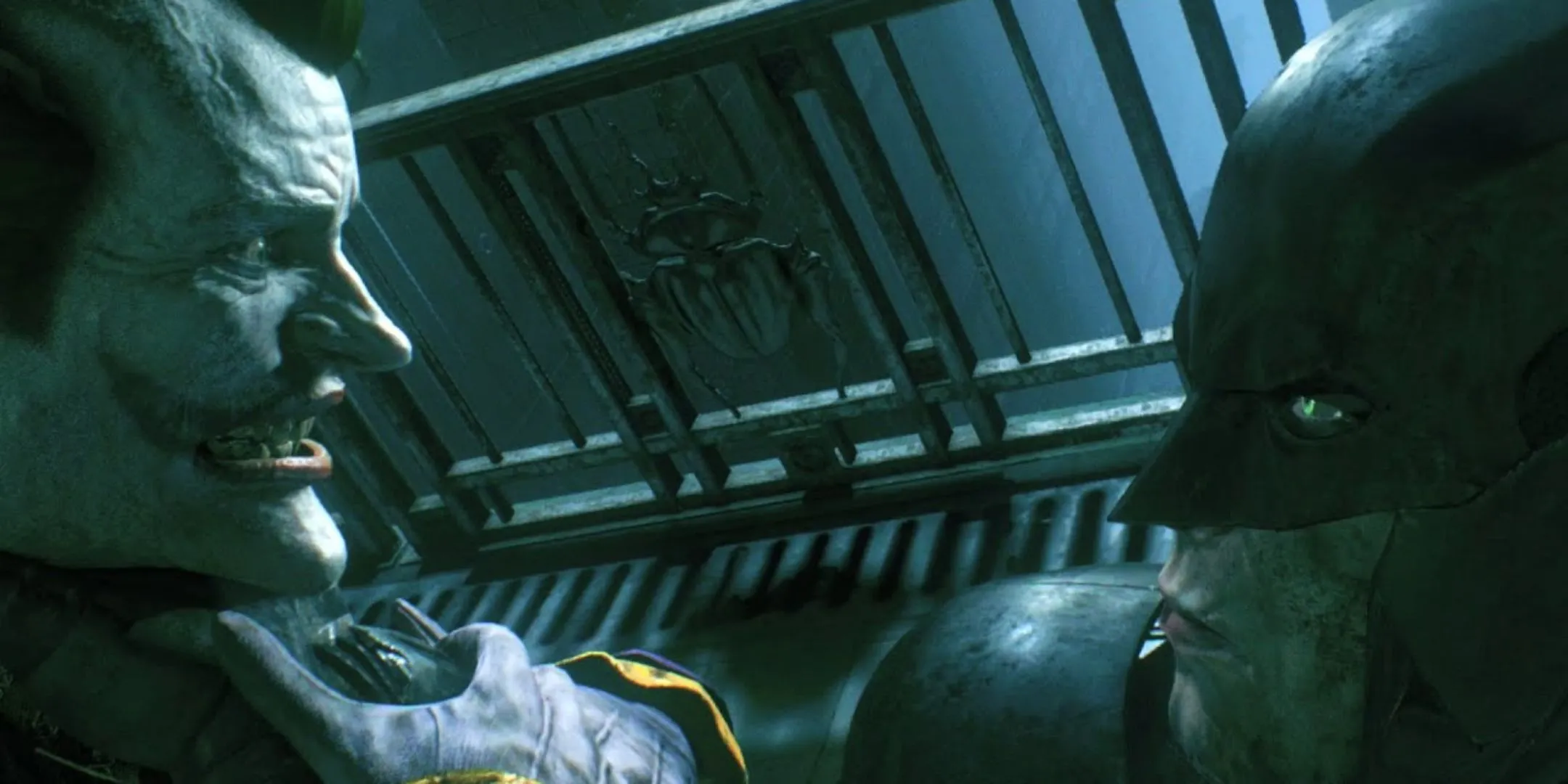 Batman túm cổ Joker trong cảnh cuối của Batman: Arkham Knight