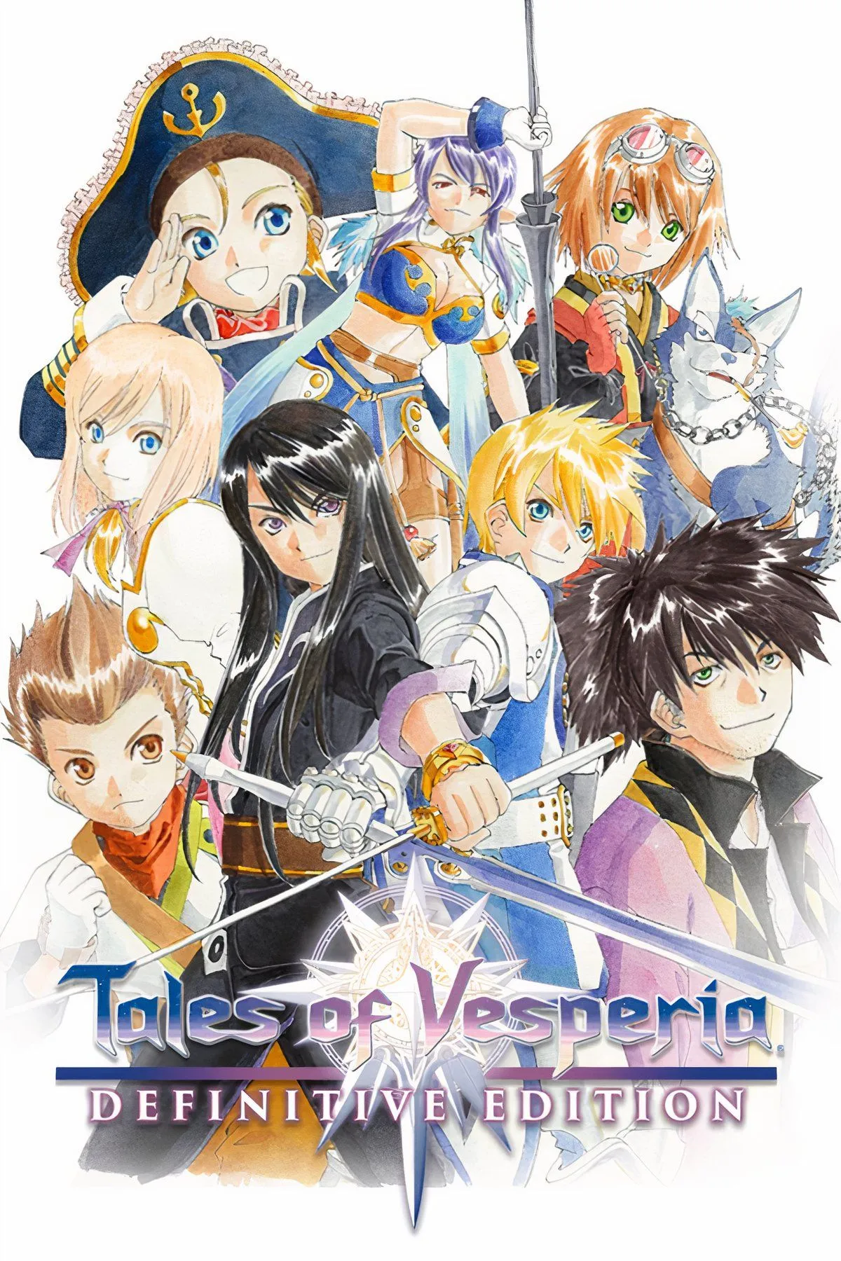 Bìa nghệ thuật Tales Of Vesperia: Definitive Edition với Yuri Lowell và các thành viên hội Brave Vesperia, thể hiện phong cách anime và các nhân vật chính của game.