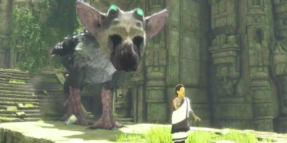 Bộ đôi cậu bé và sinh vật khổng lồ Trico trong The Last Guardian, biểu tượng của tình bạn và hành trình phiêu lưu đầy cảm xúc.
