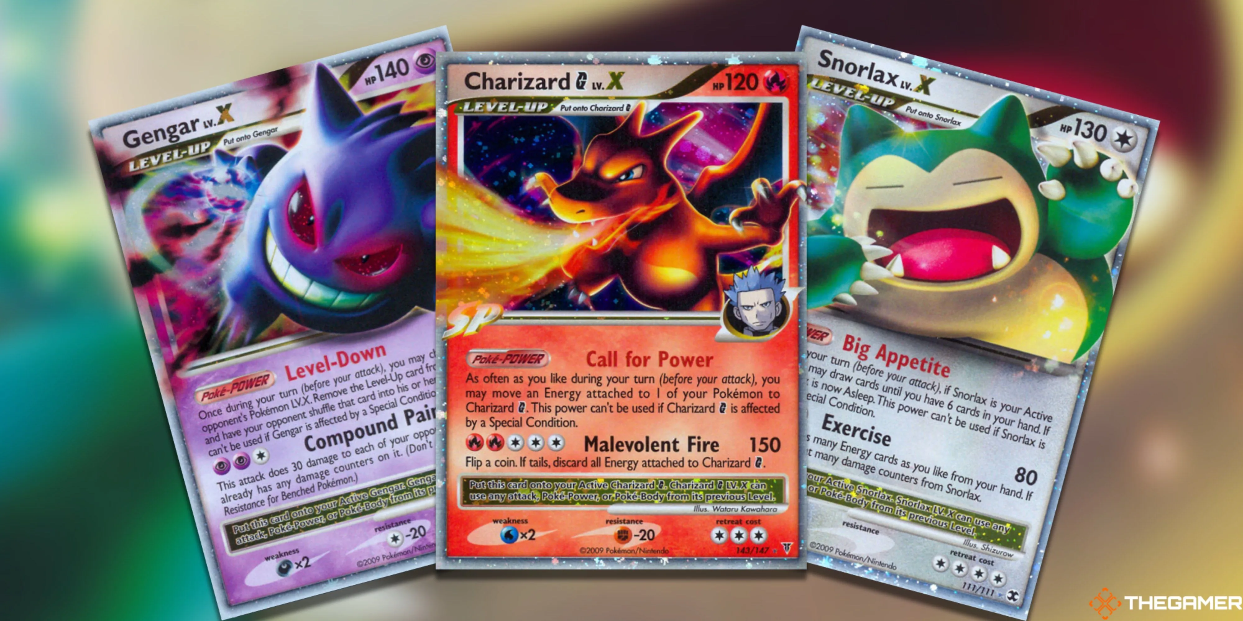 Bộ sưu tập ba thẻ bài Pokemon TCG LV. X gồm Gengar, Charizard G và Snorlax, biểu tượng của sự quý hiếm trong trò chơi thẻ bài Pokemon.