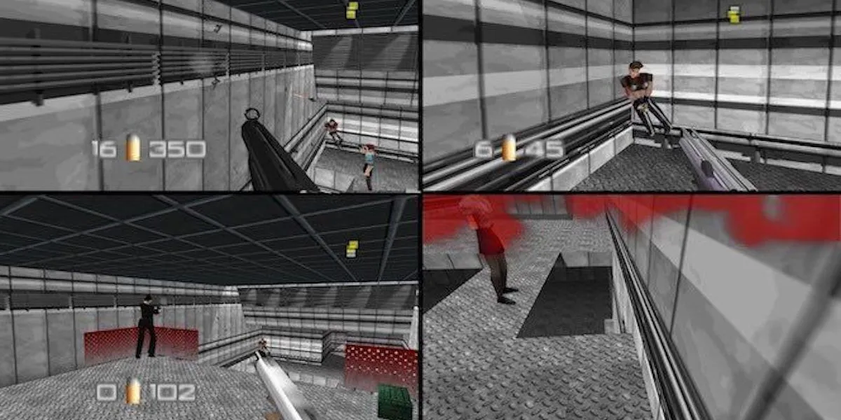 Bốn người chơi đang chơi game multiplayer Goldeneye 007 trên màn hình chia đôi.
