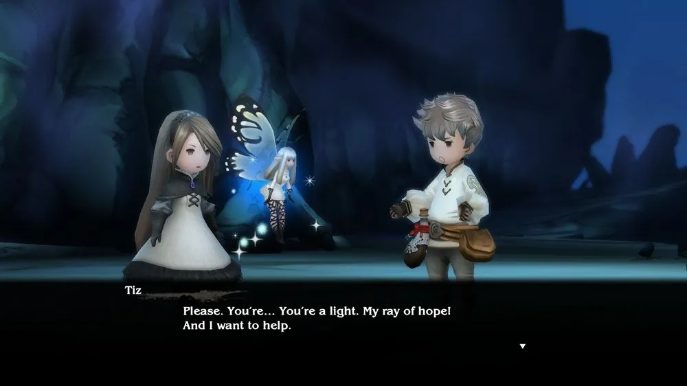 Bốn nhân vật chính Tiz, Agnes, Ringabel và Edea trong Bravely Default Flying Fairy HD Remaster trên Nintendo Switch 2, sẵn sàng cho cuộc phiêu lưu