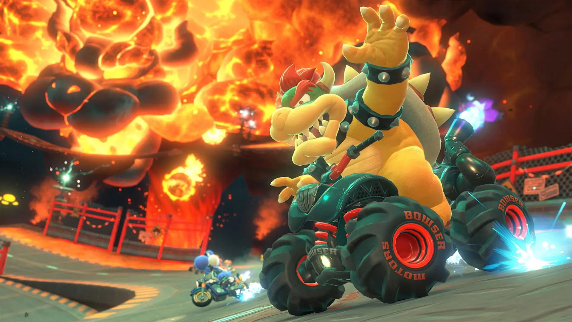 Bowser trong chiếc kart đặc trưng, đua trên một đường đua với bối cảnh núi lửa dữ dội trong Mario Kart World